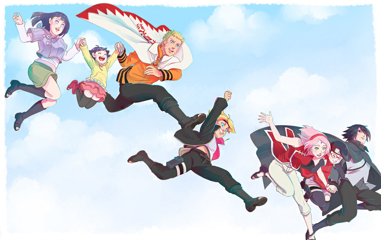 Naruto, Boruto, and their families running in the sky HD Wallpaper