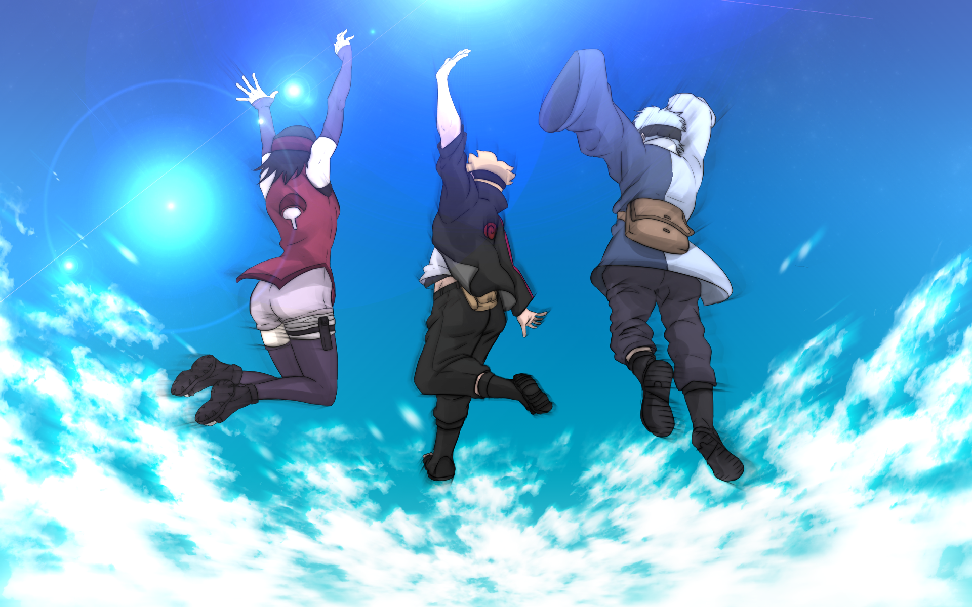 Sakura, Naruto, and Sasuke jumping in the sky HD Wallpaper