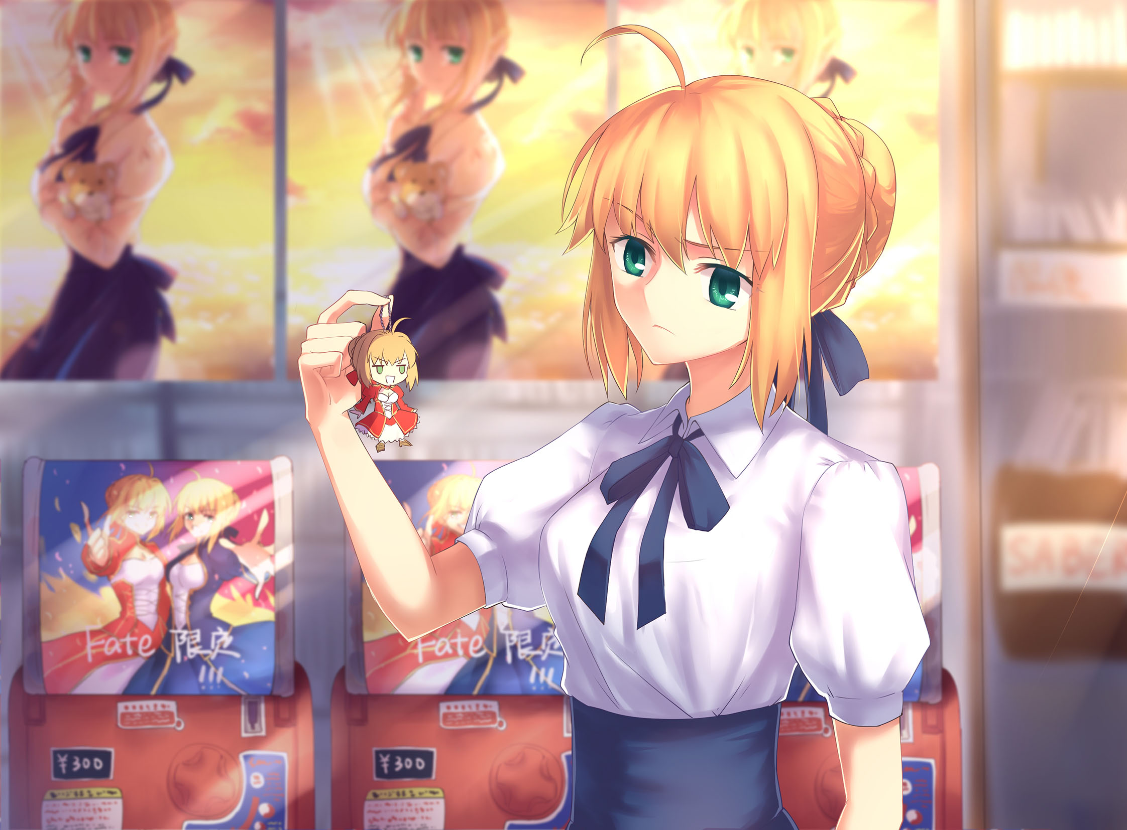 Saber from Fate Series holding a keychain HD Wallpaper