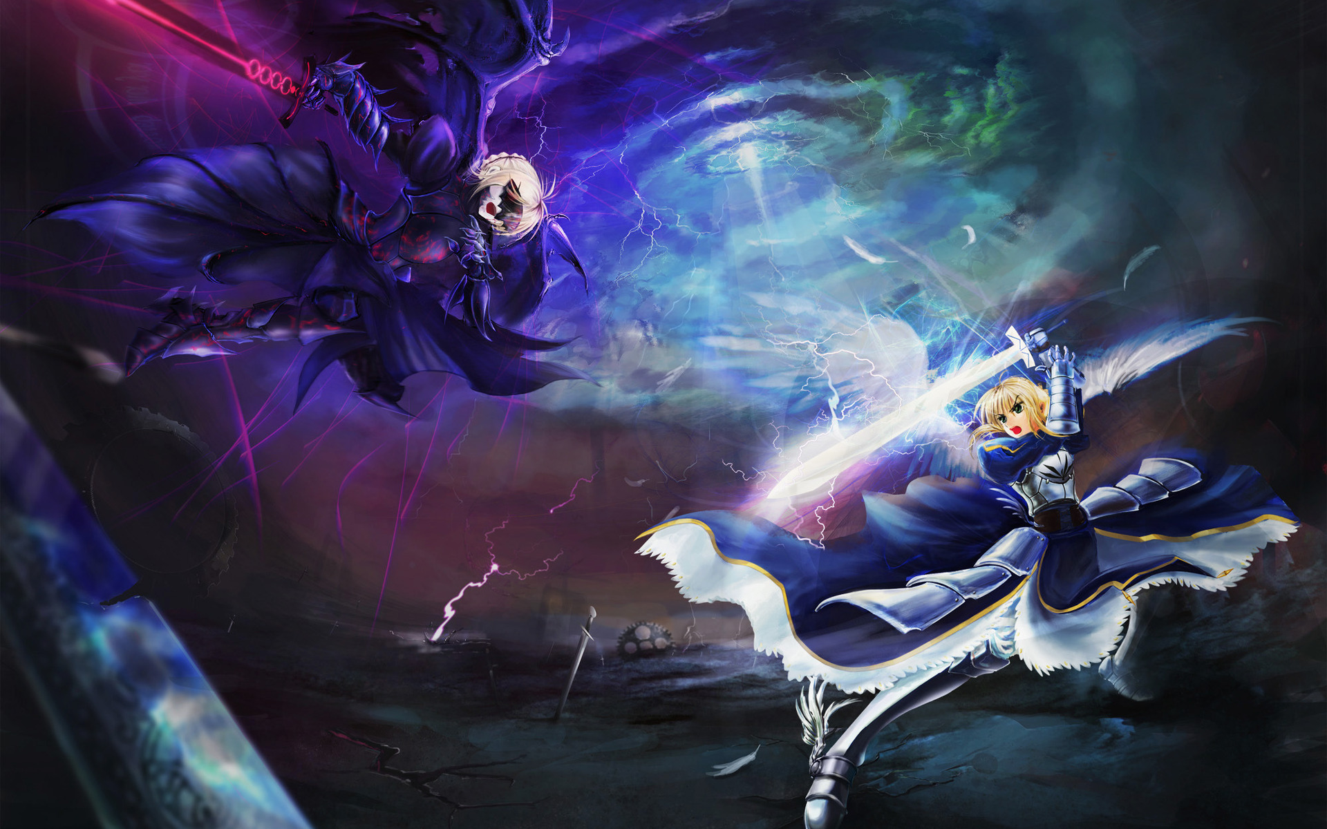 Saber Alter and Saber from Fate Series fighting HD Wallpaper