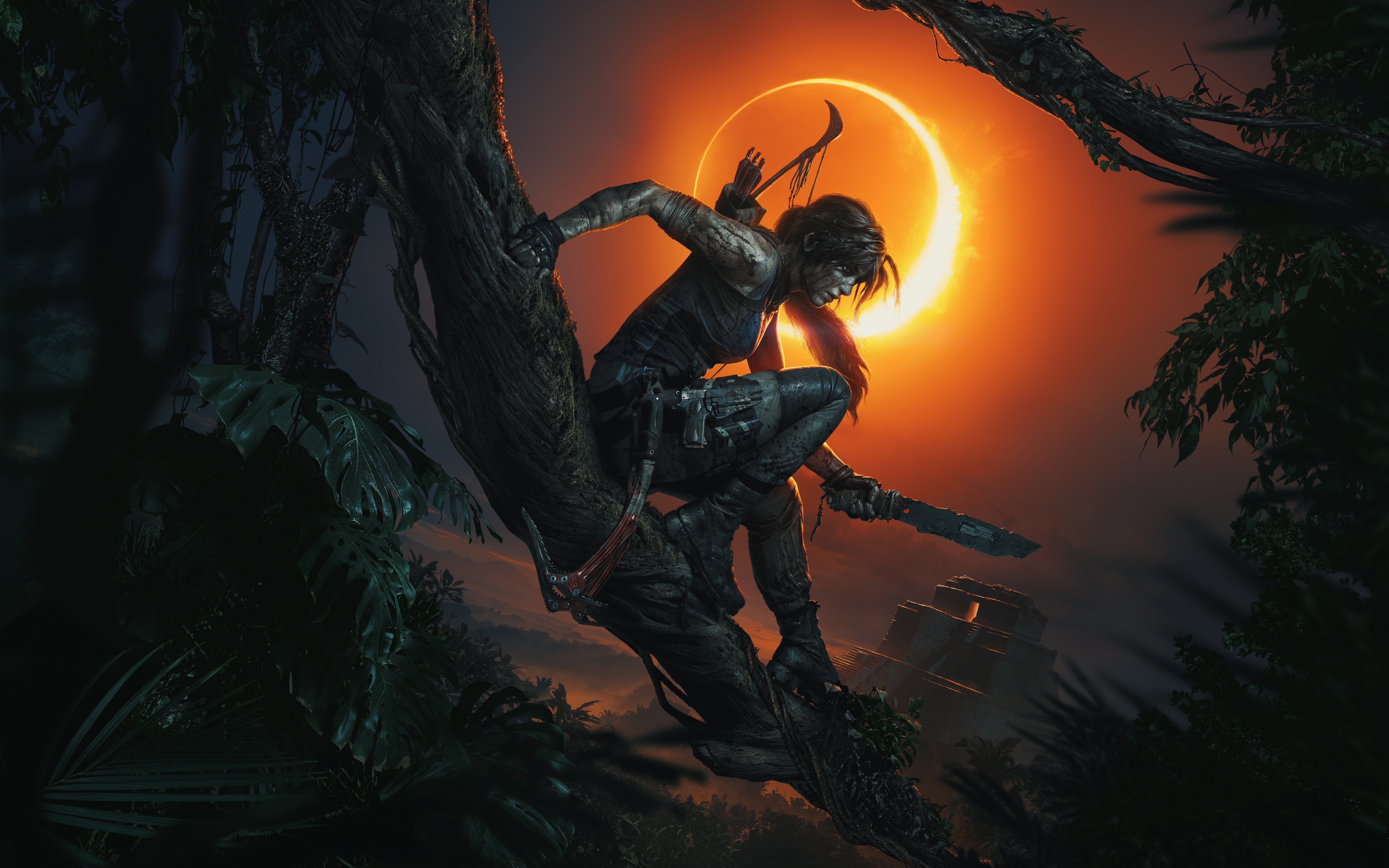 Lara Croft in a tree during an eclipse HD Wallpaper