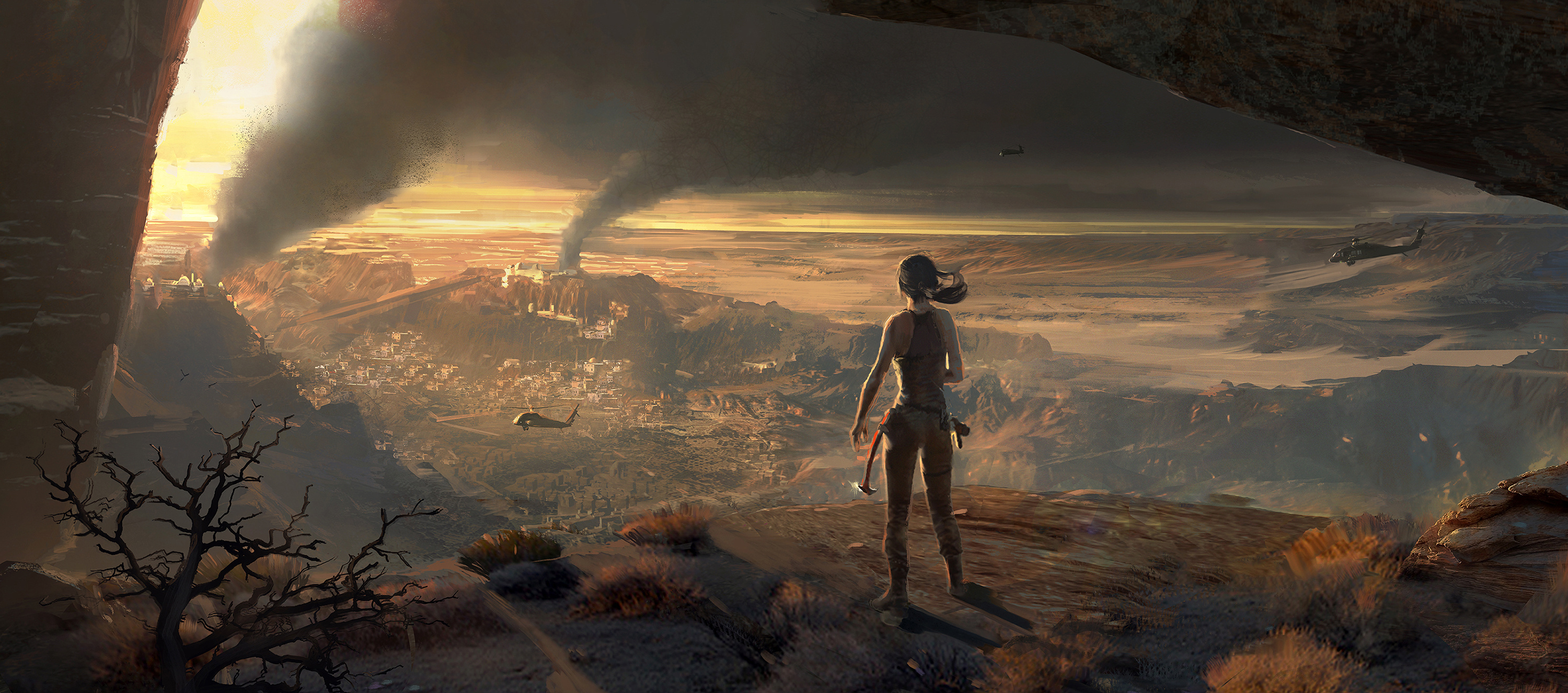 Lara Croft overlooking a burning city HD Wallpaper