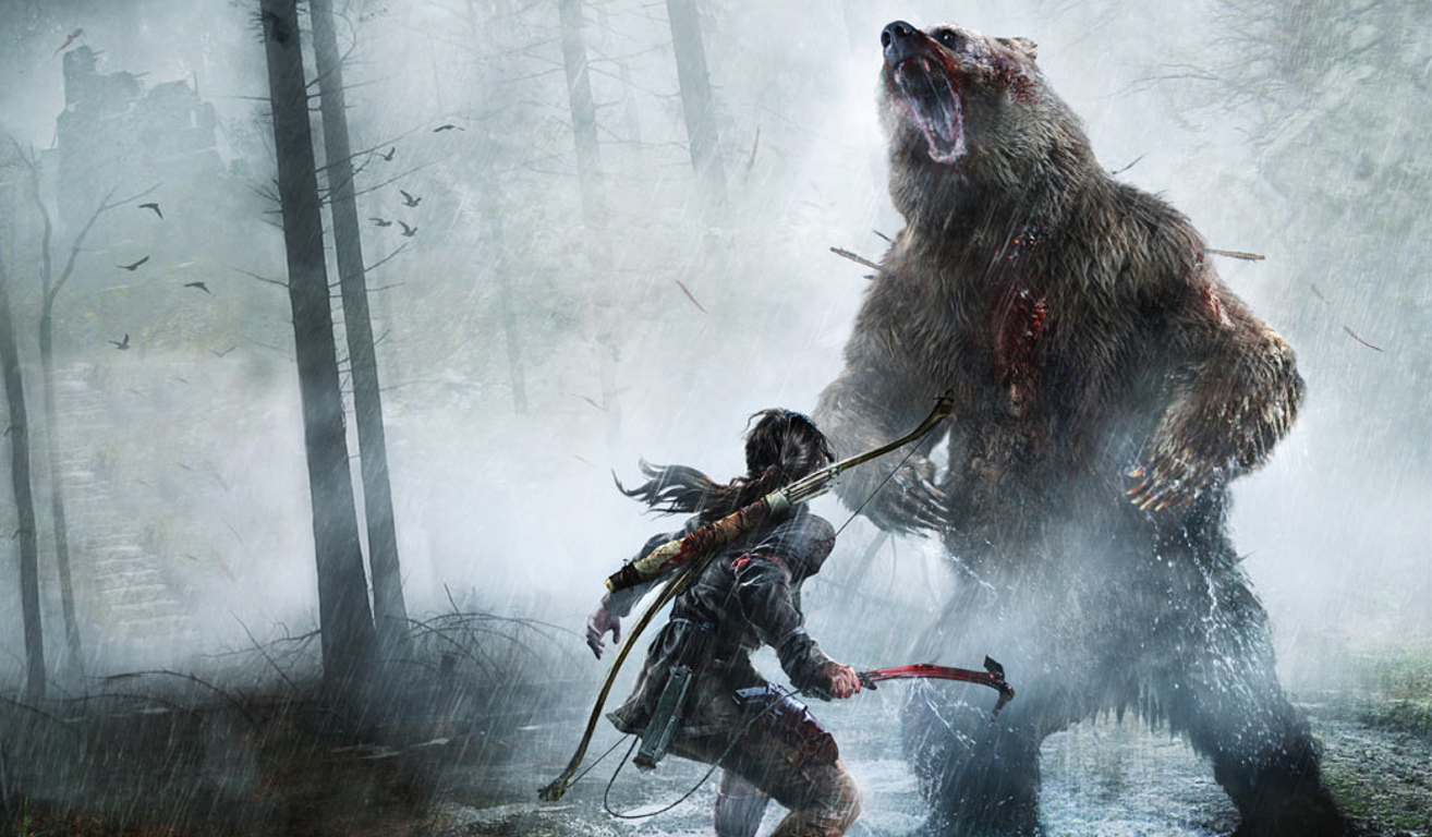 Lara Croft fighting a bear in a forest HD Wallpaper