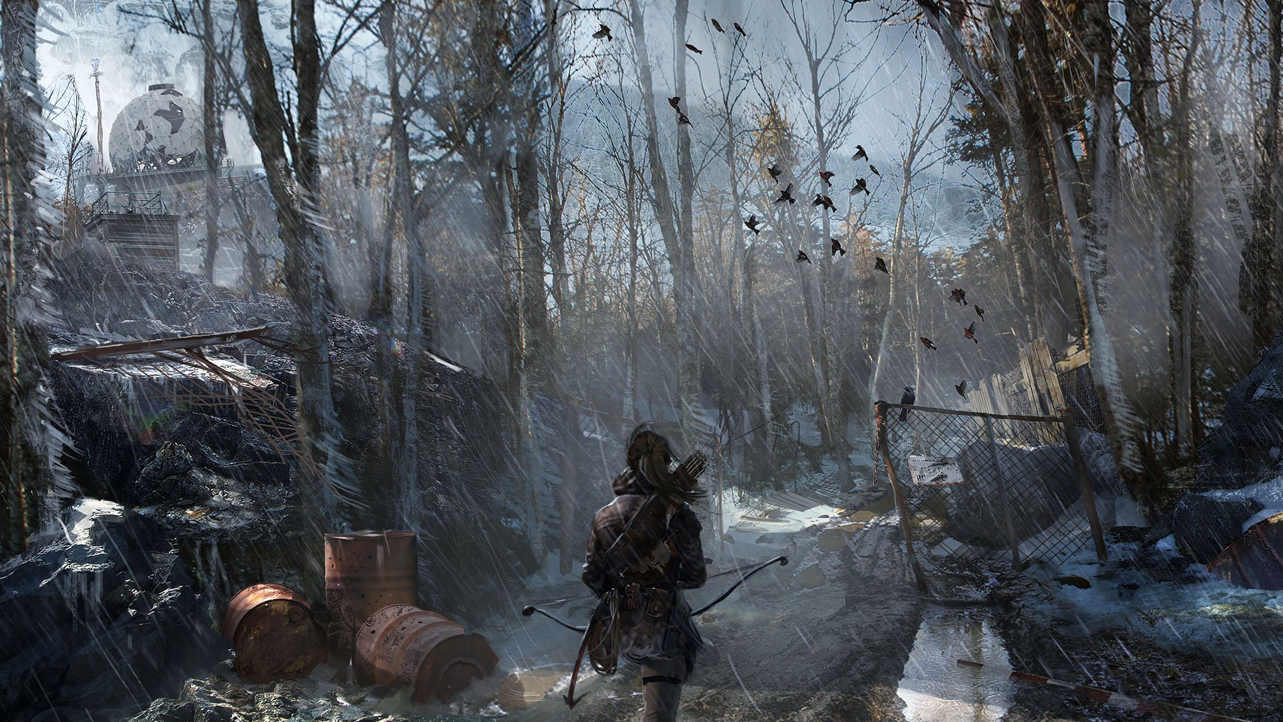 Lara Croft with bow in post-apocalyptic forest HD Wallpaper