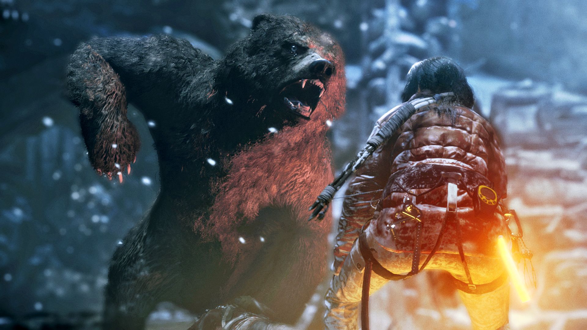 Lara Croft fighting a bear HD Wallpaper