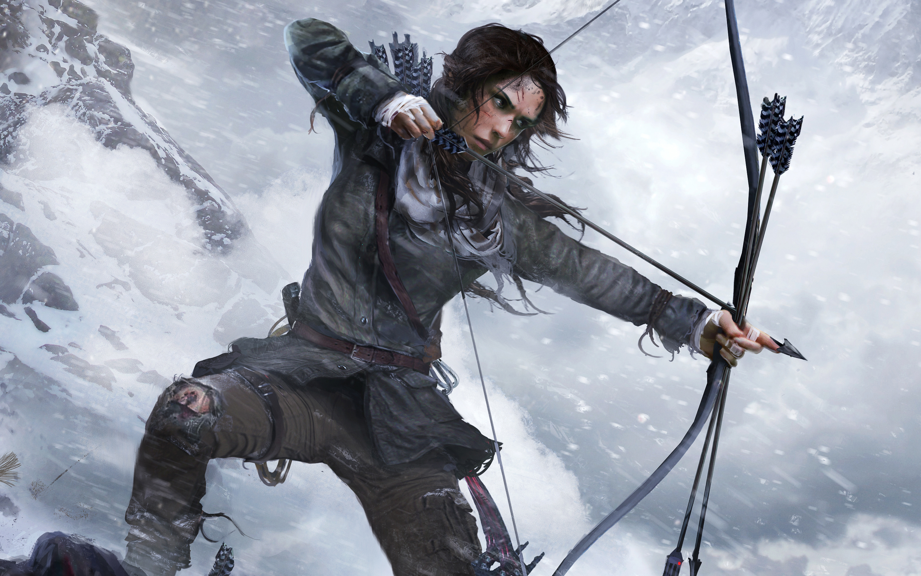 Lara Croft drawing a bow in a snowy mountain HD Wallpaper