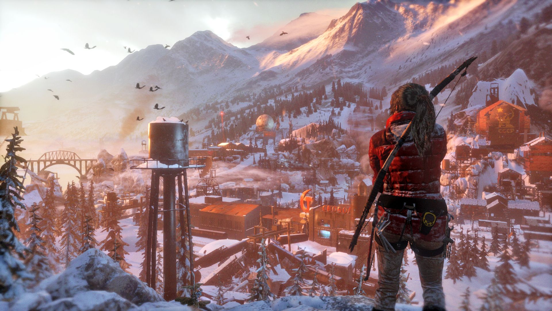 Lara Croft in a snowy mountain town HD Wallpaper