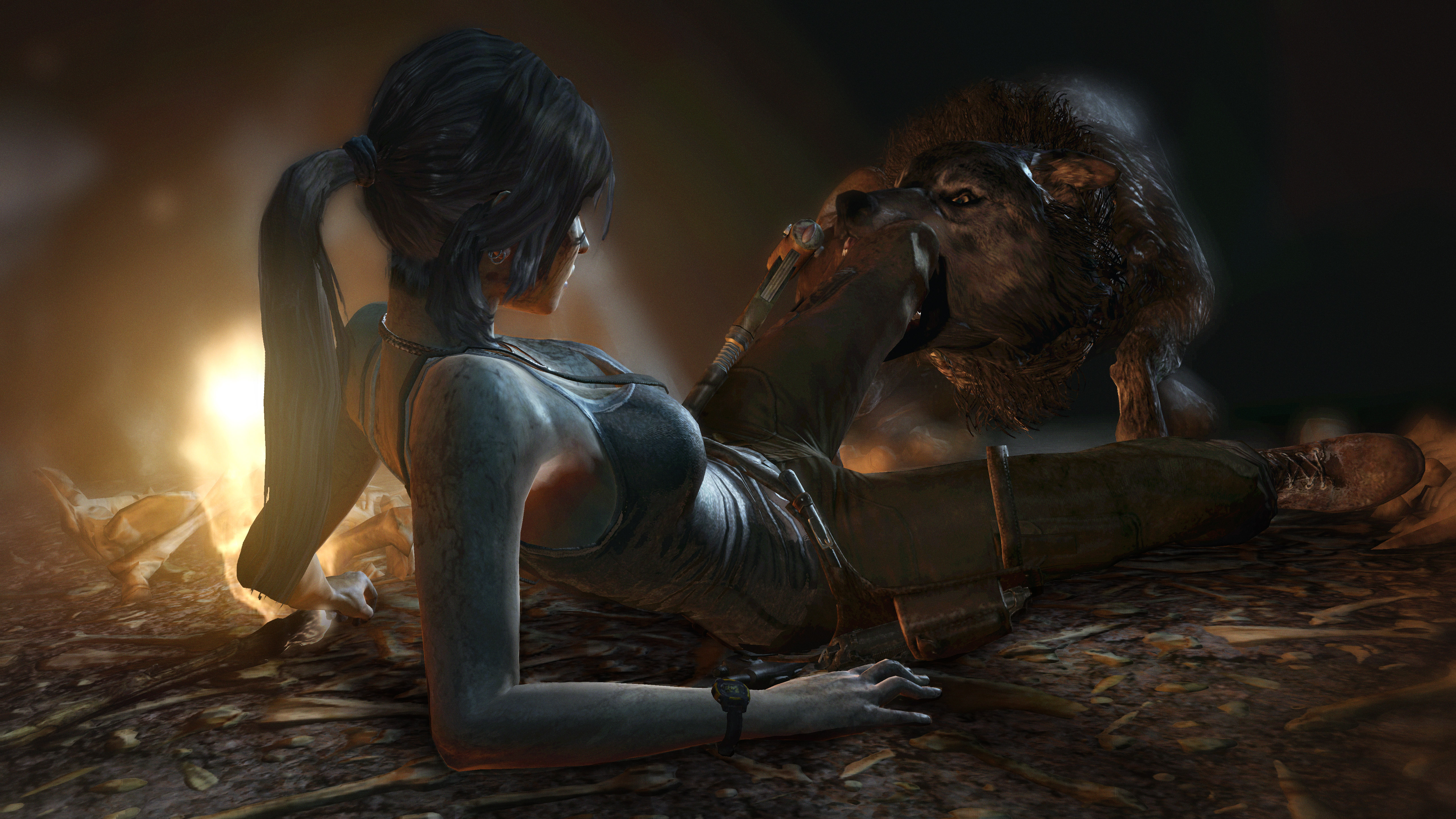 Lara Croft fighting a wolf HD Wallpaper