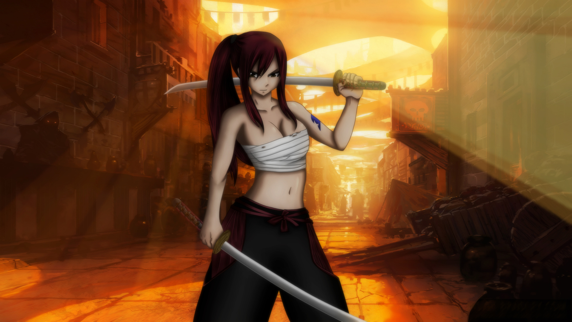 Erza Scarlet with swords in a ruined city HD Wallpaper