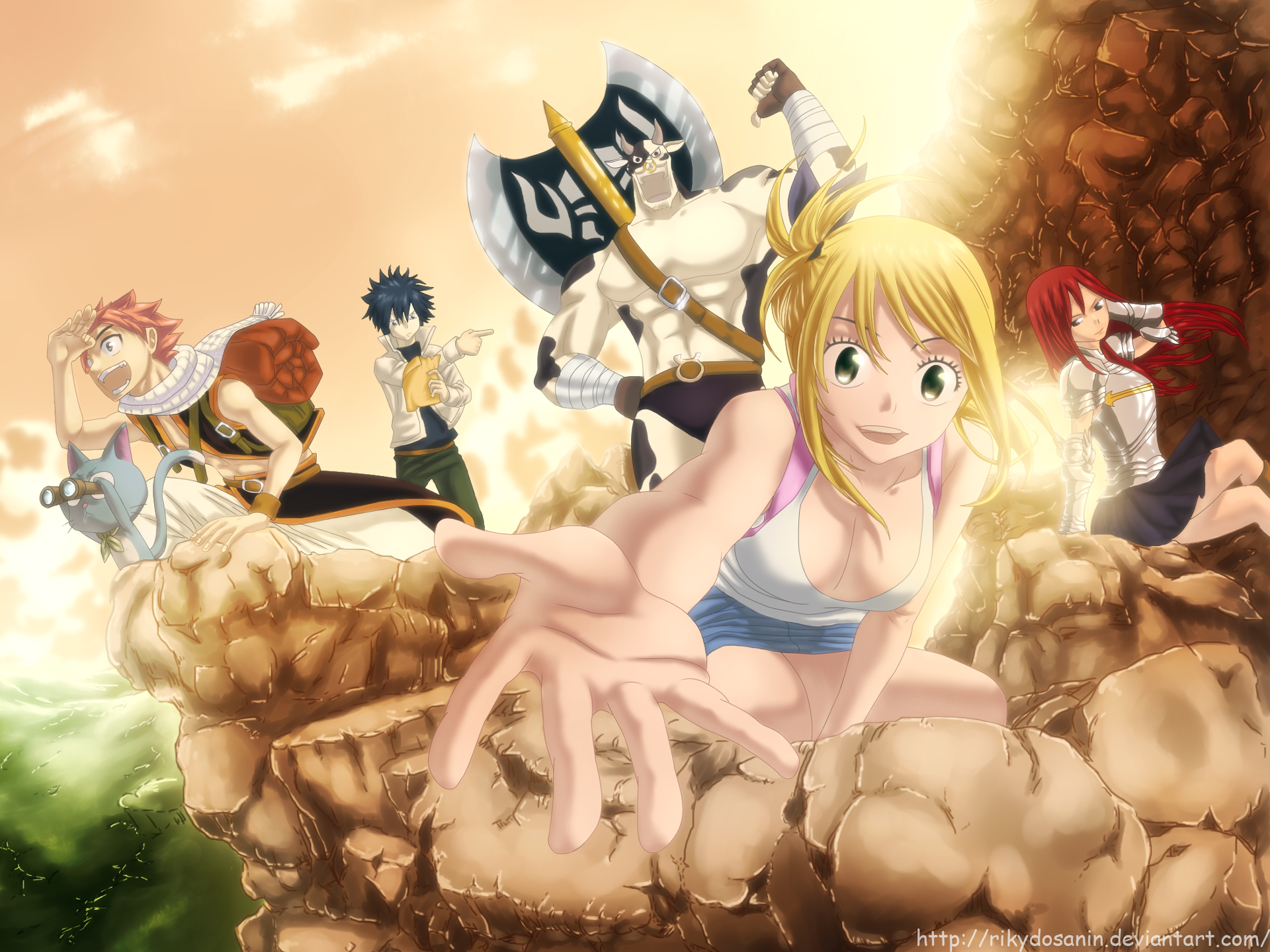 Fairy Tail characters on a rocky cliff HD Wallpaper