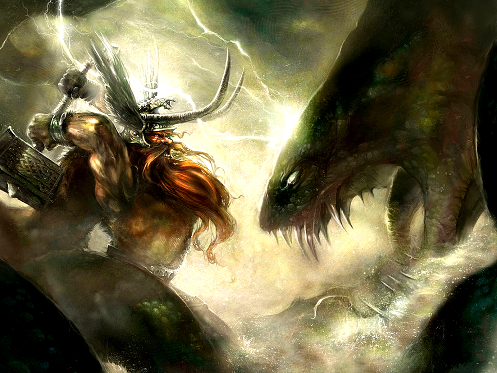 Thor fighting the Midgard Serpent HD Wallpaper