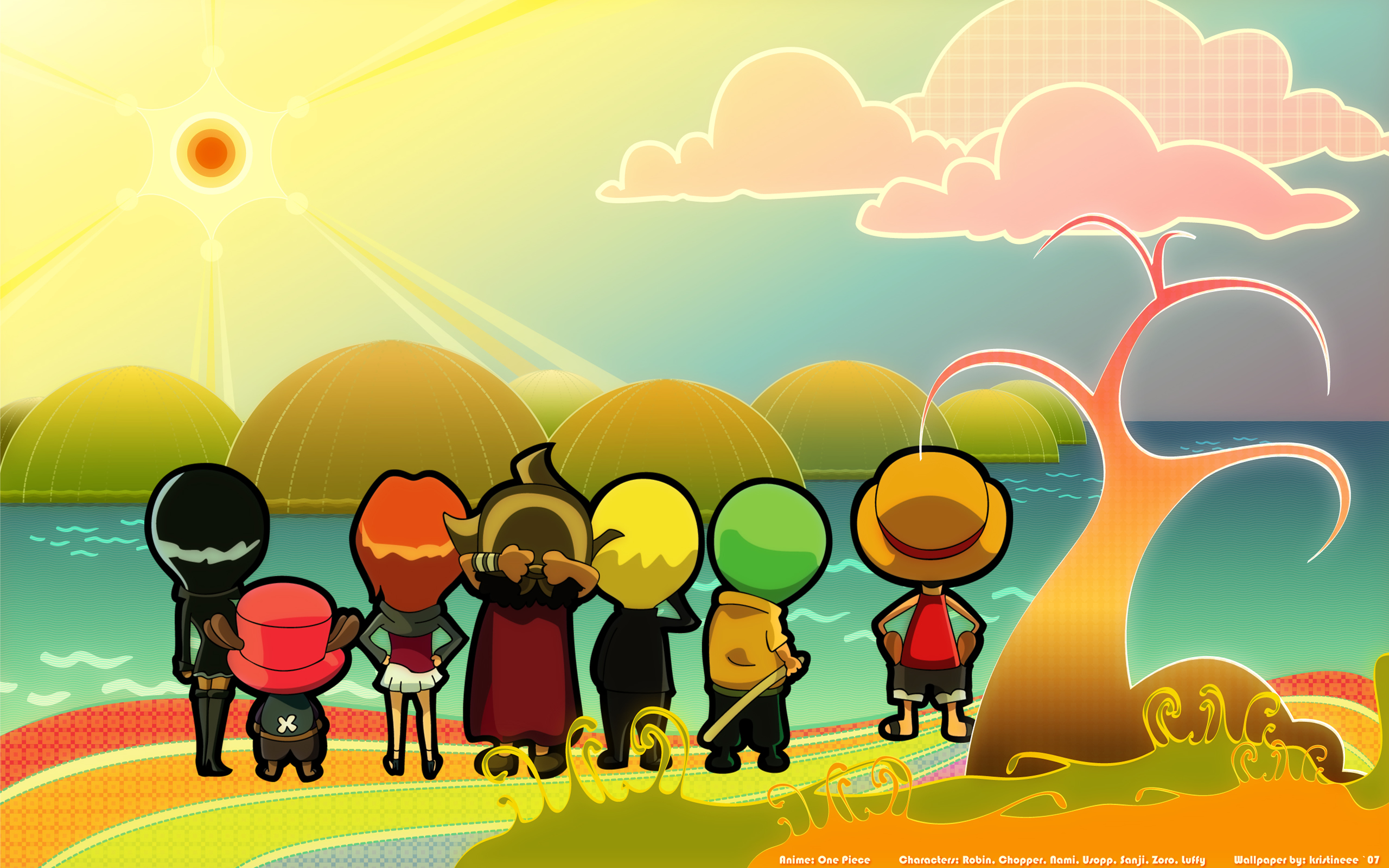 One Piece characters in a stylized landscape HD Wallpaper