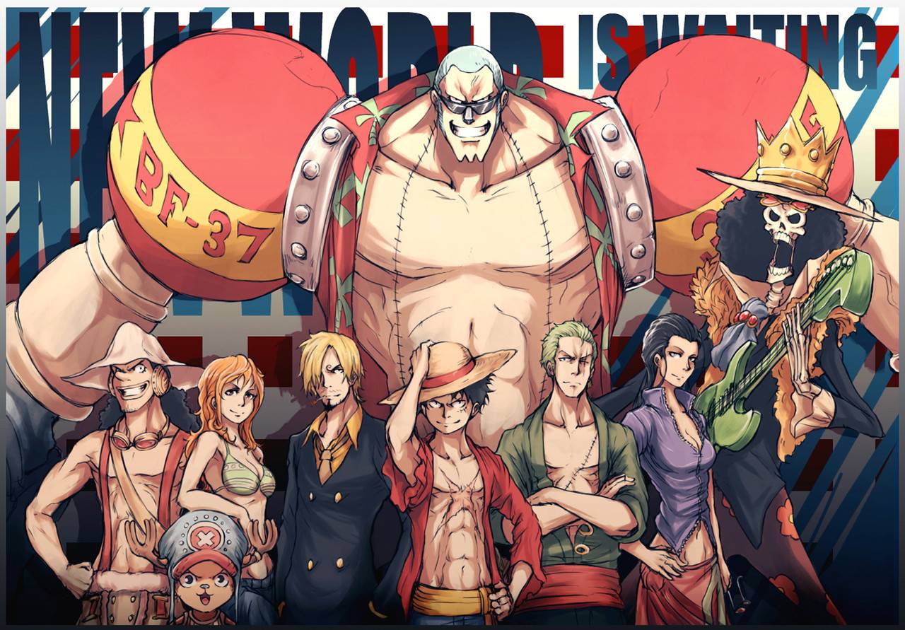 One Piece characters with a large muscular man HD Wallpaper
