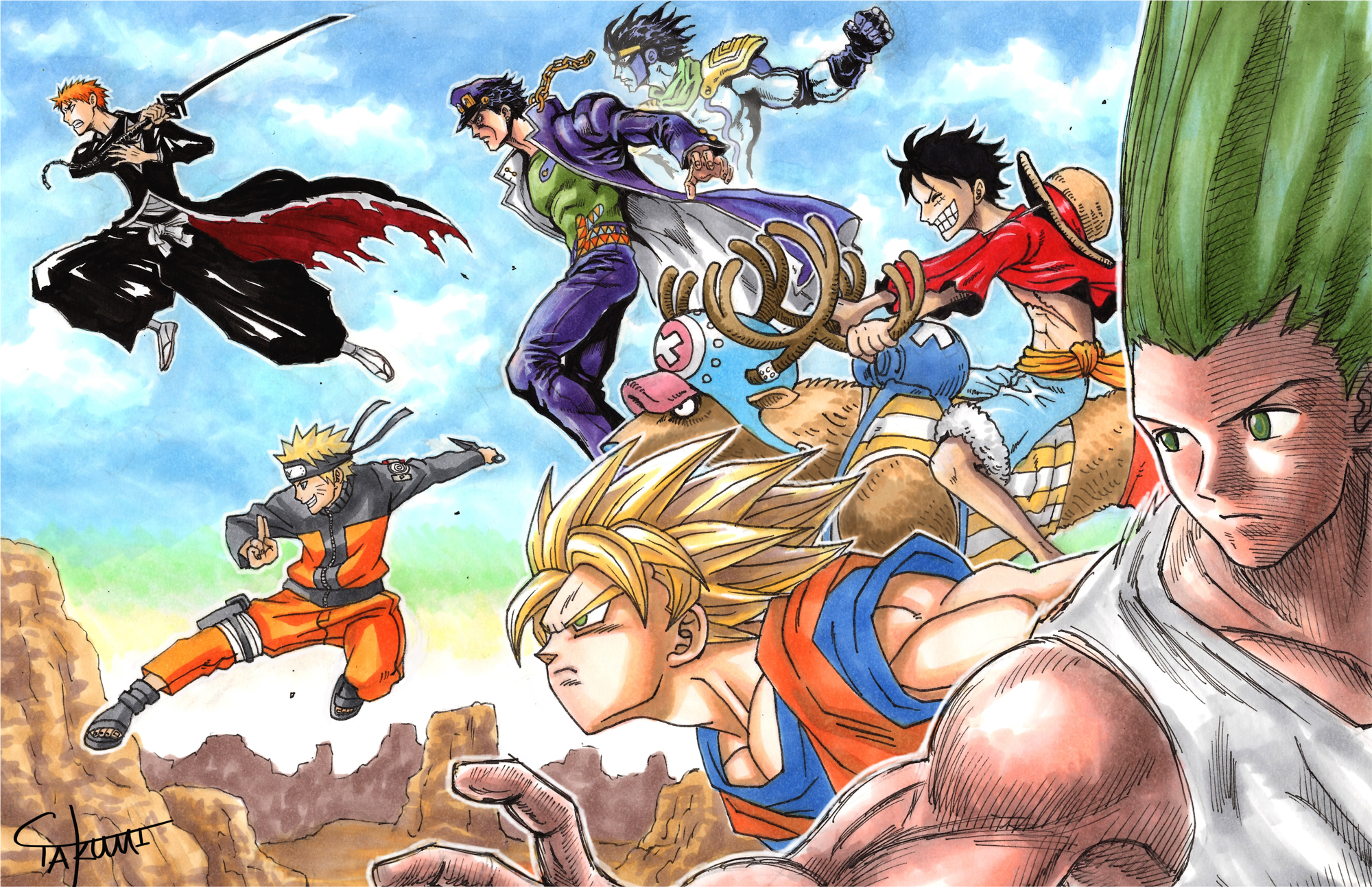 Ichigo, Naruto, Jotaro, Luffy, Goku, and Gon crossover HD Wallpaper