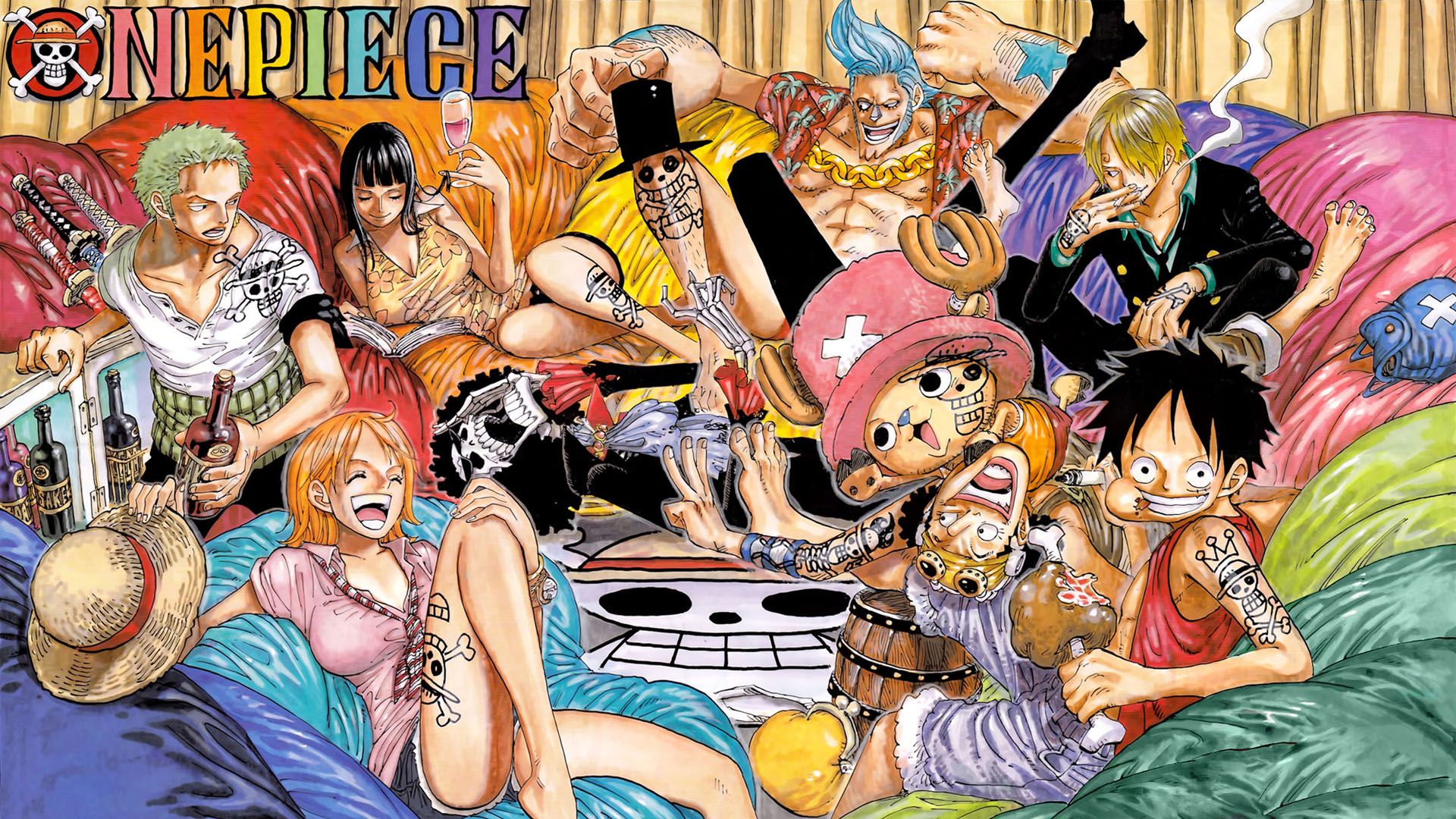 One Piece characters relaxing on beanbags HD Wallpaper