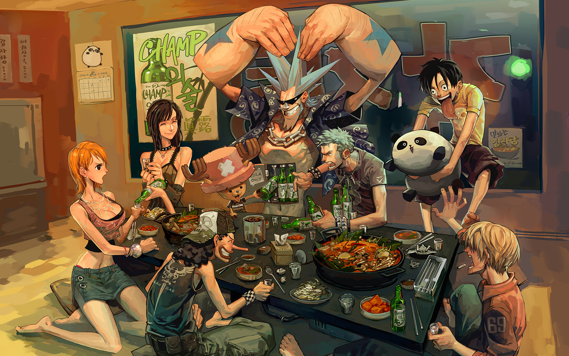 One Piece characters eating and drinking HD Wallpaper