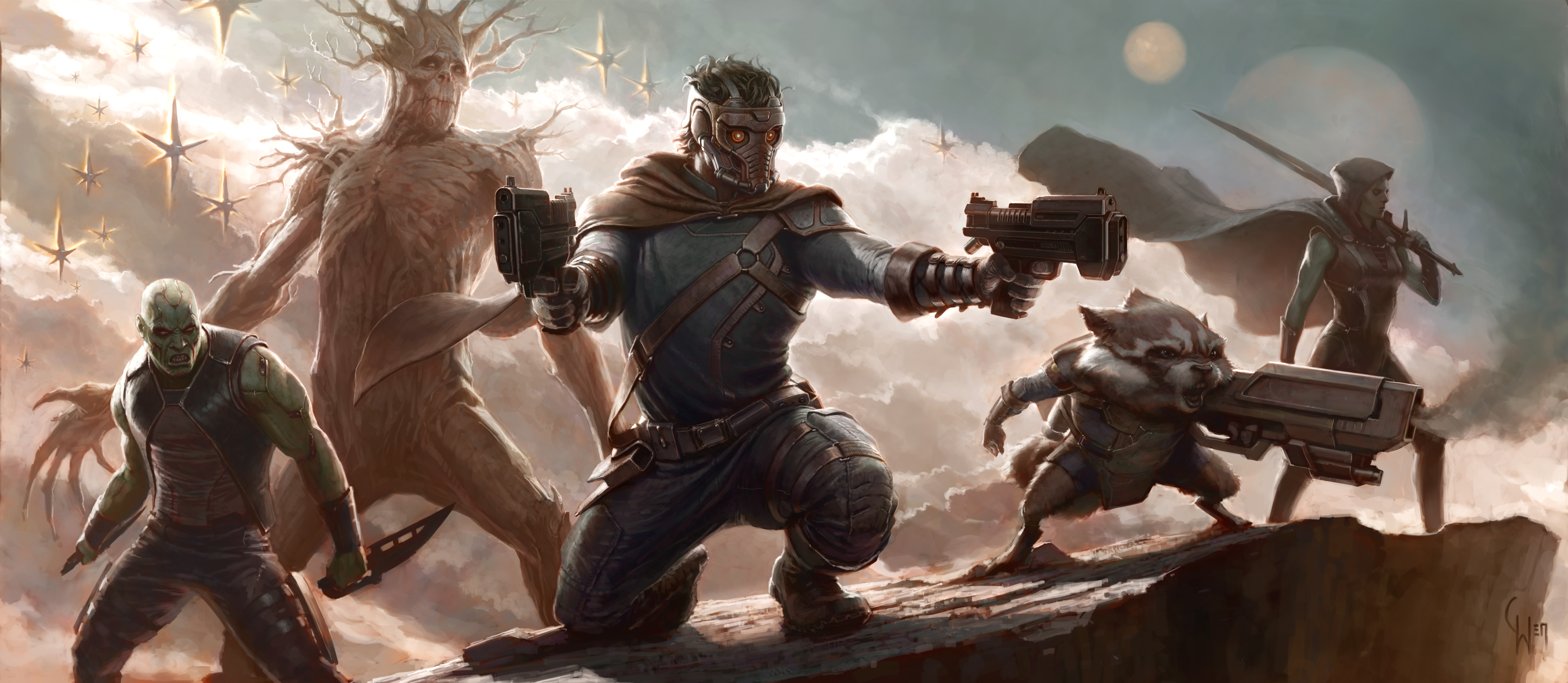 Guardians of the Galaxy characters on a rocky outcrop HD Wallpaper
