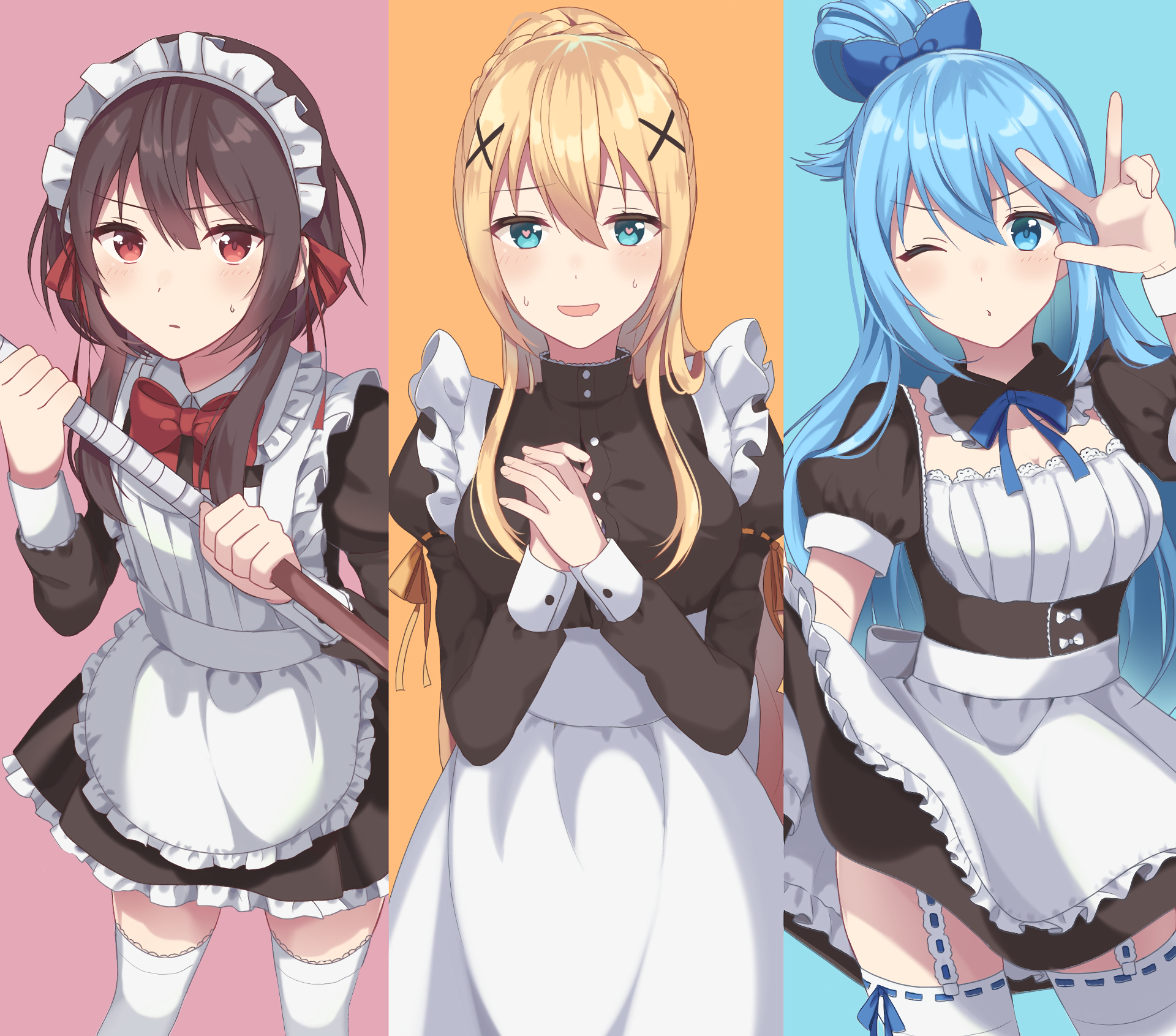 Megumin, Darkness, and Aqua from KonoSuba in maid outfits HD Wallpaper