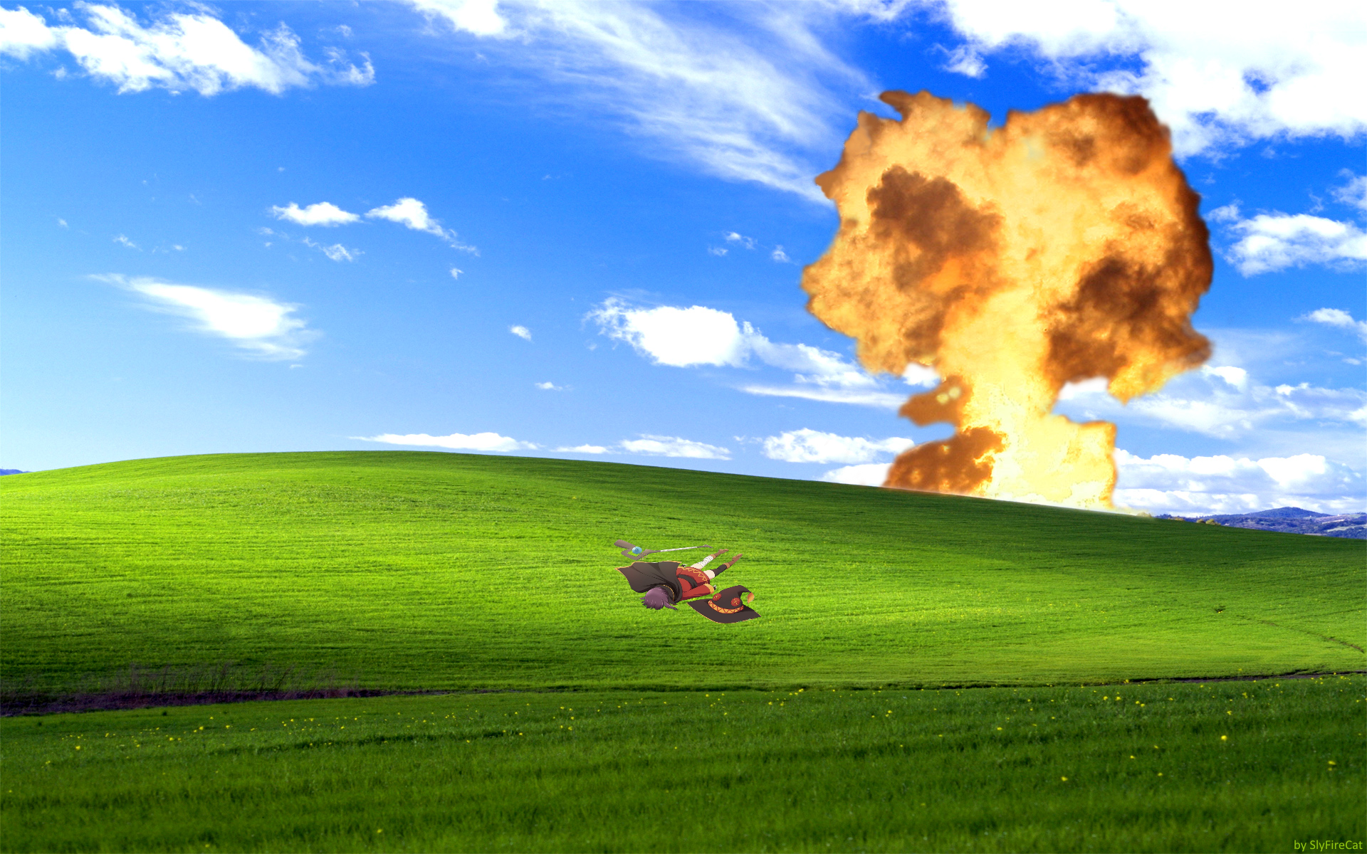 Megumin from KonoSuba flying over a grassy field with an explosion HD Wallpaper