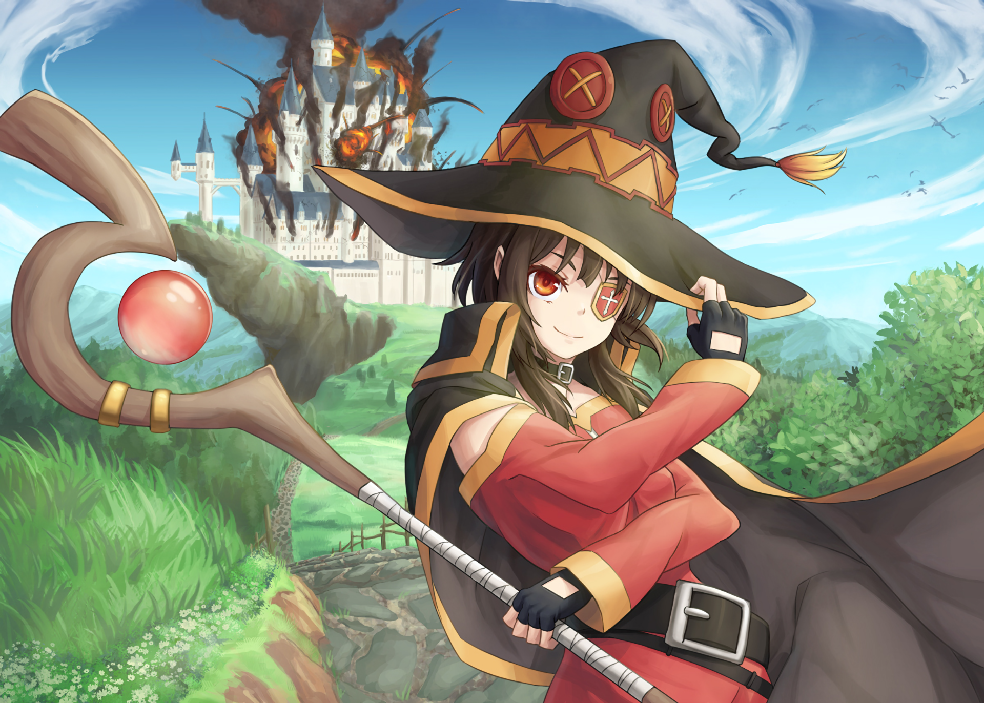 Megumin Confidently Posing with Burning Castle HD Wallpaper