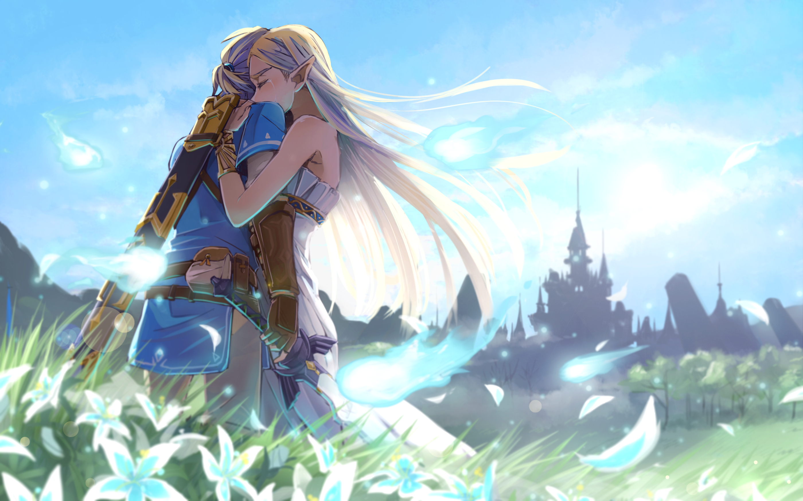 Link and Zelda embracing in a field of flowers HD Wallpaper