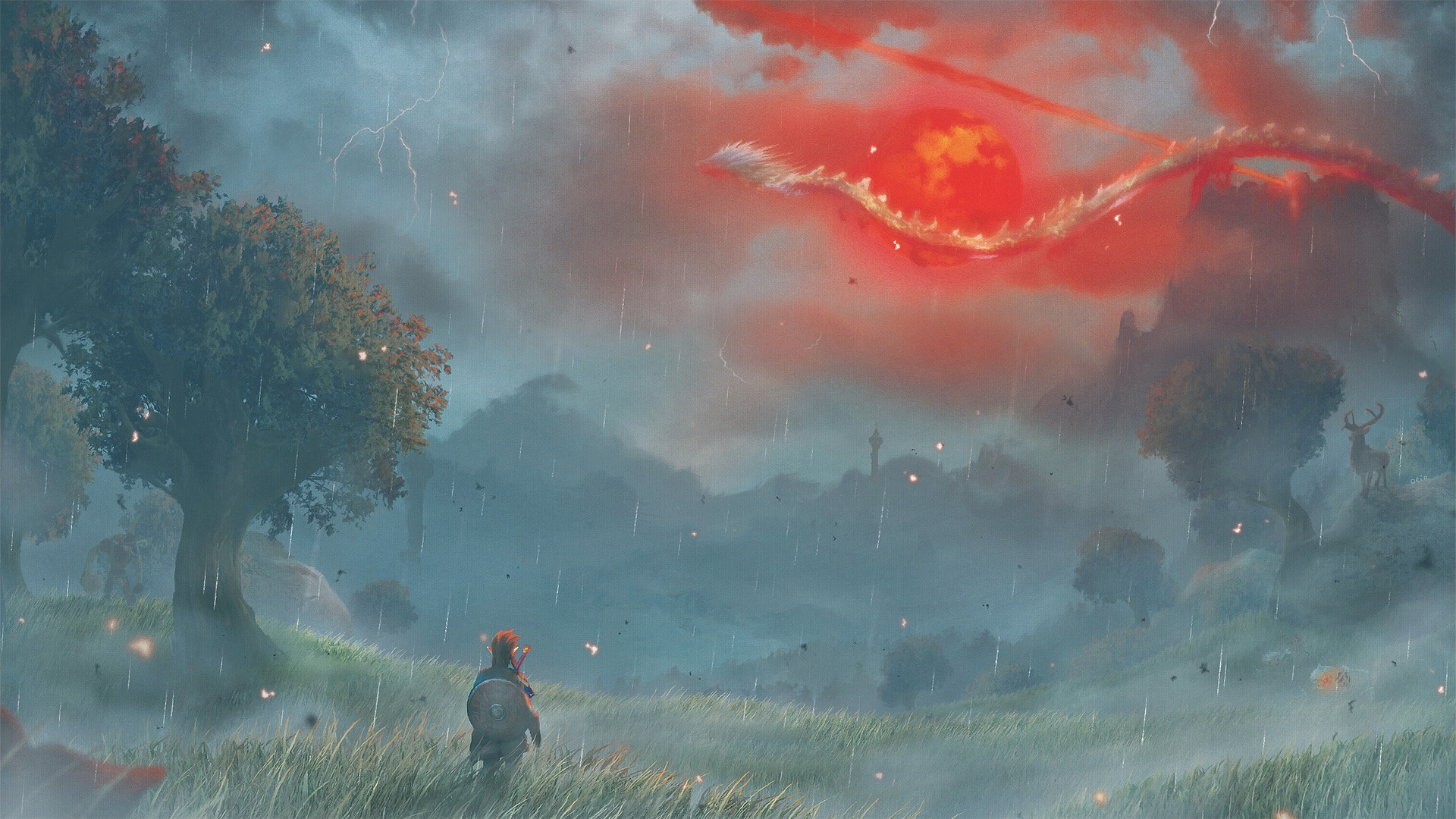Link facing a dragon in a stormy landscape HD Wallpaper