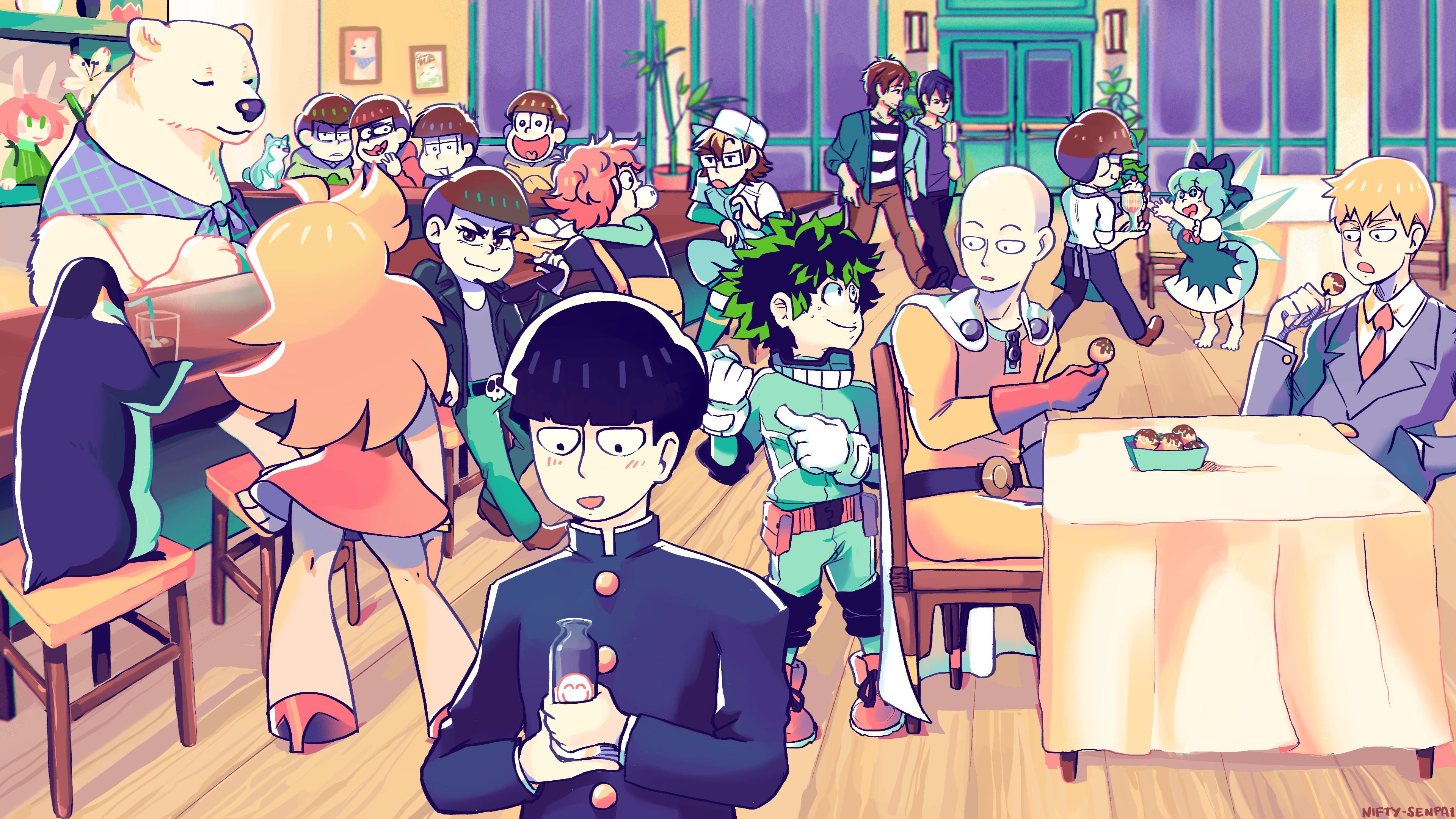 Characters from various anime at a cafe HD Wallpaper