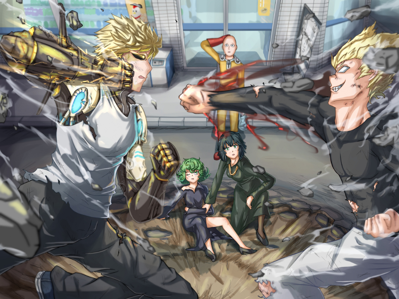 Genos and other One-Punch Man characters in a battle HD Wallpaper