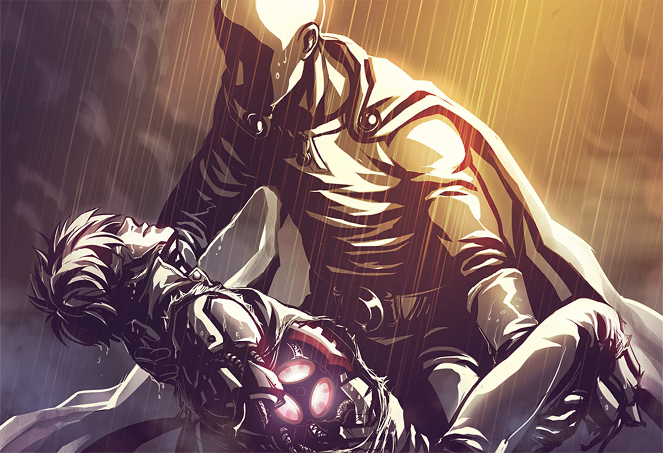Saitama Holding Injured Hero in Rain HD Wallpaper