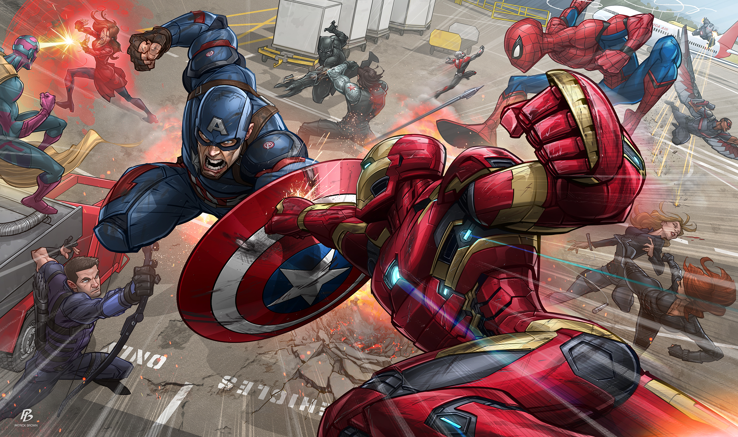 Avengers: Civil War characters fighting on an airport tarmac HD Wallpaper