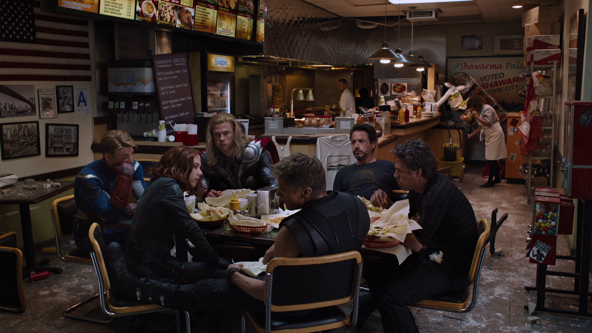 Avengers from Marvel Cinematic Universe eating shawarma HD Wallpaper