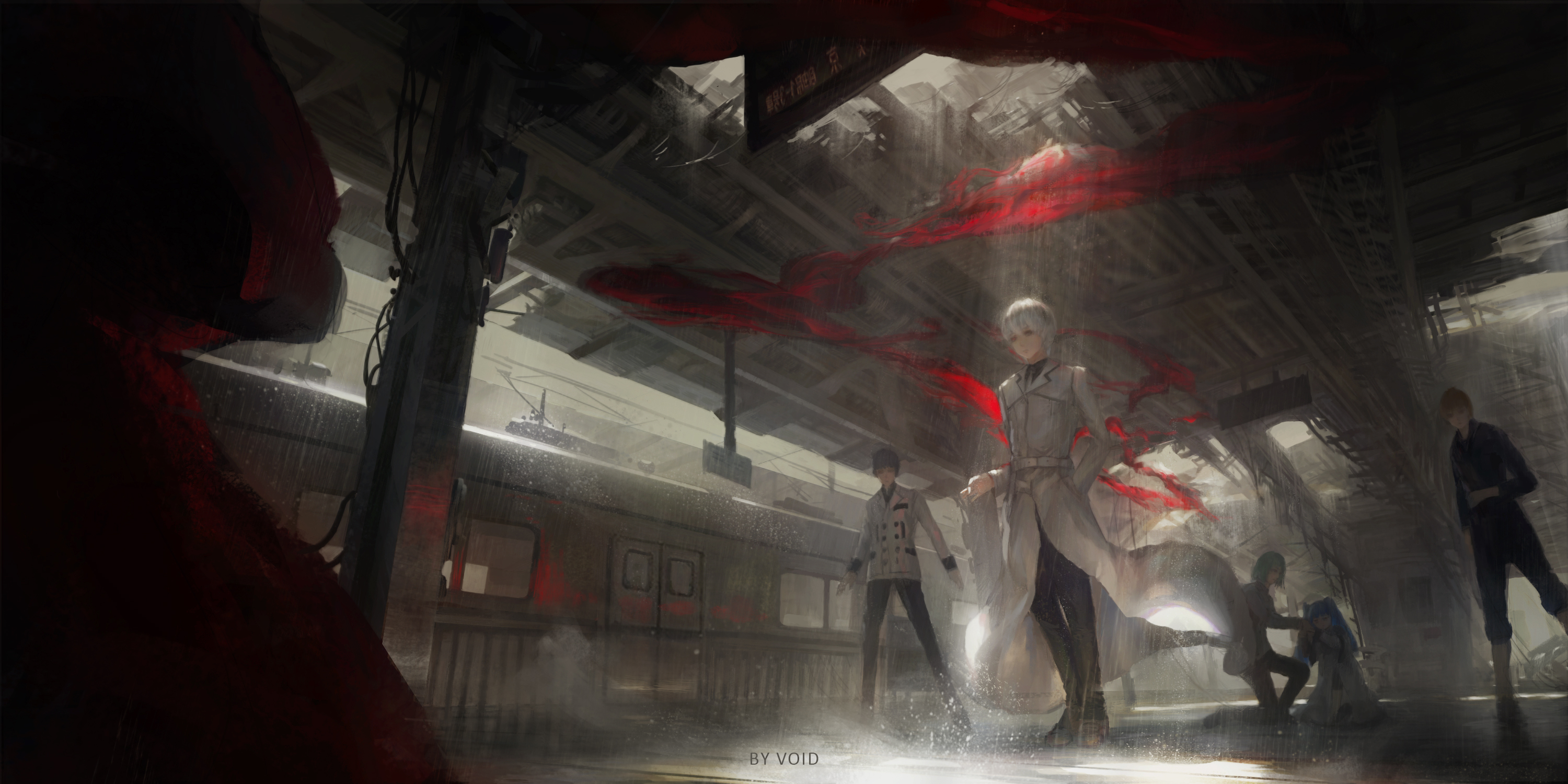 Ken Kaneki and others in a rainy train station HD Wallpaper