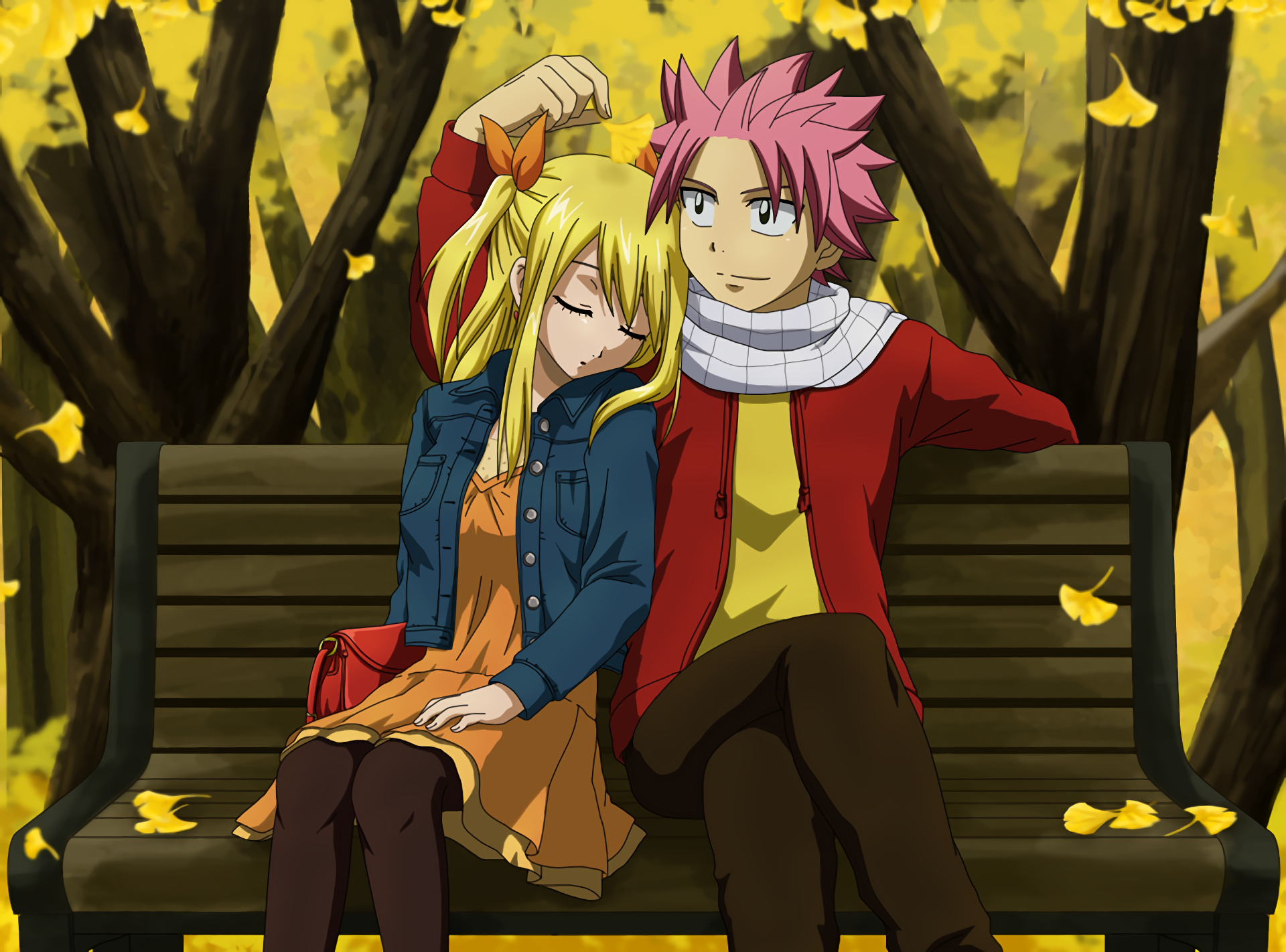 Lucy Heartfilia and Natsu Dragneel sitting on a bench HD Wallpaper
