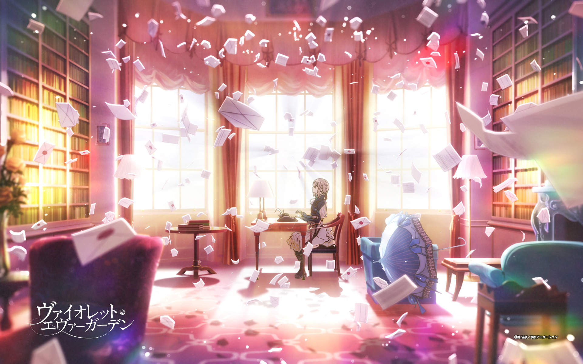Violet Evergarden in a room with flying letters HD Wallpaper