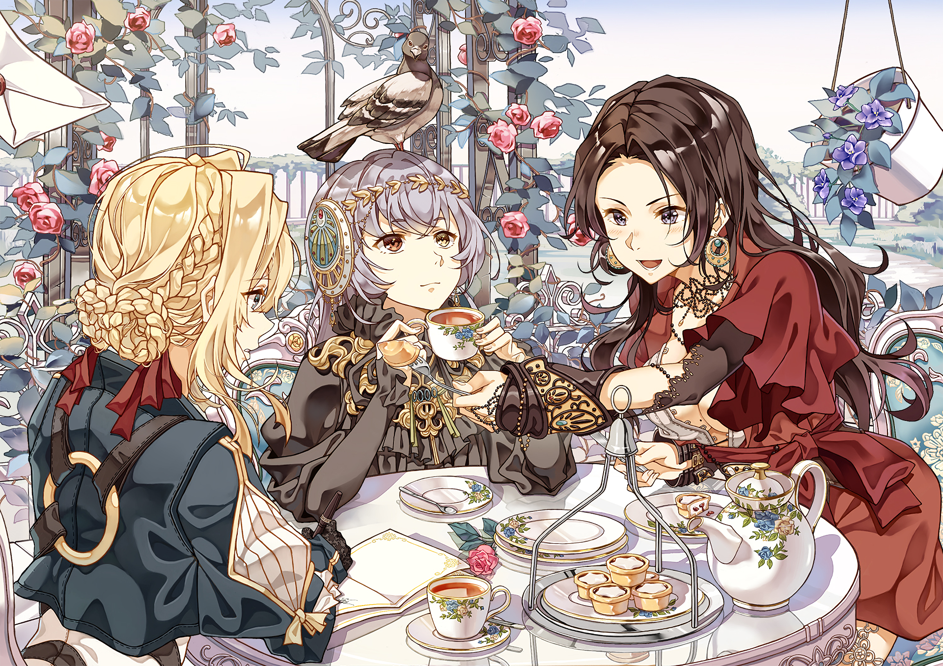 Violet Evergarden characters having tea outdoors HD Wallpaper