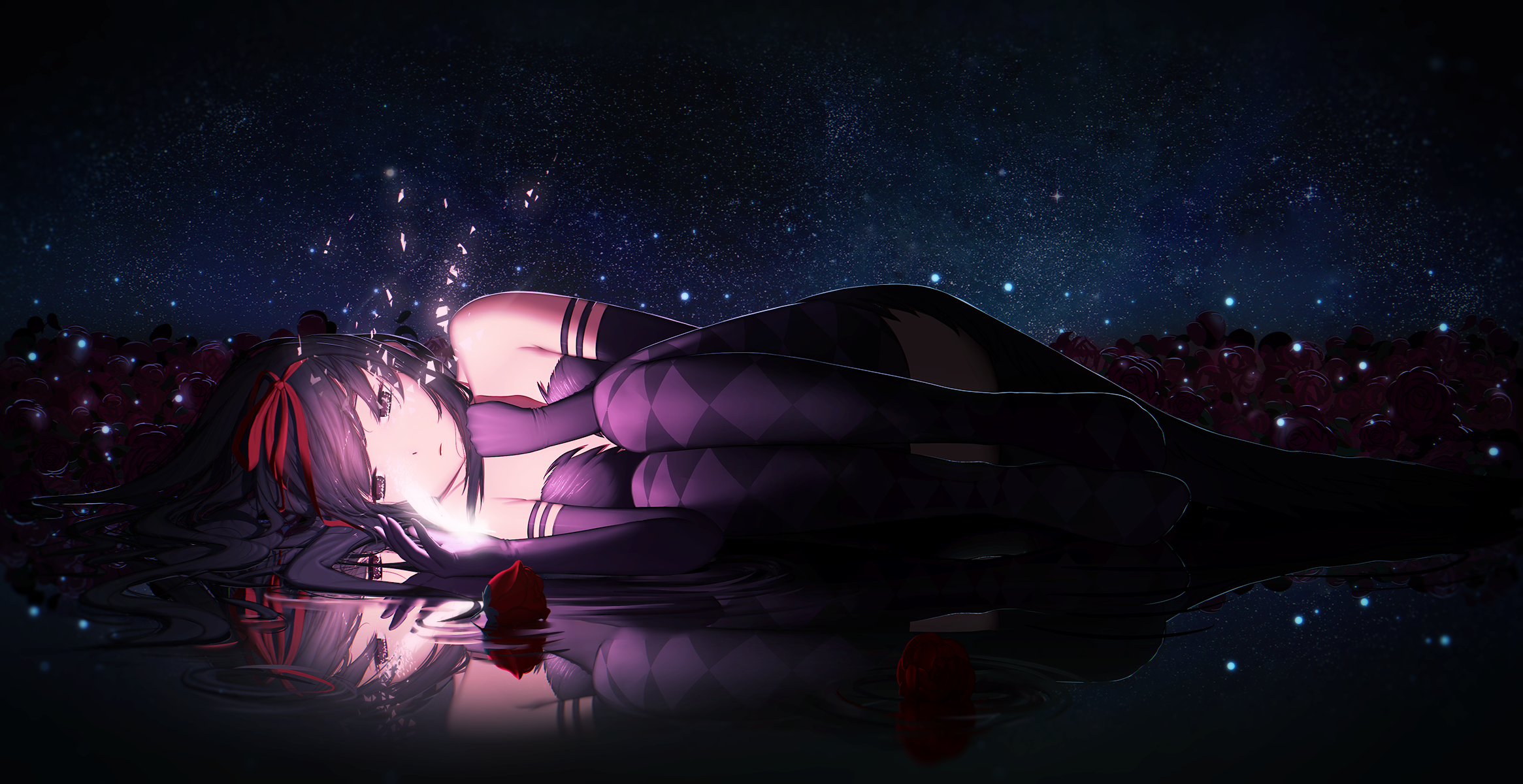 Homura Akemi lying down surrounded by roses under a starry sky HD Wallpaper