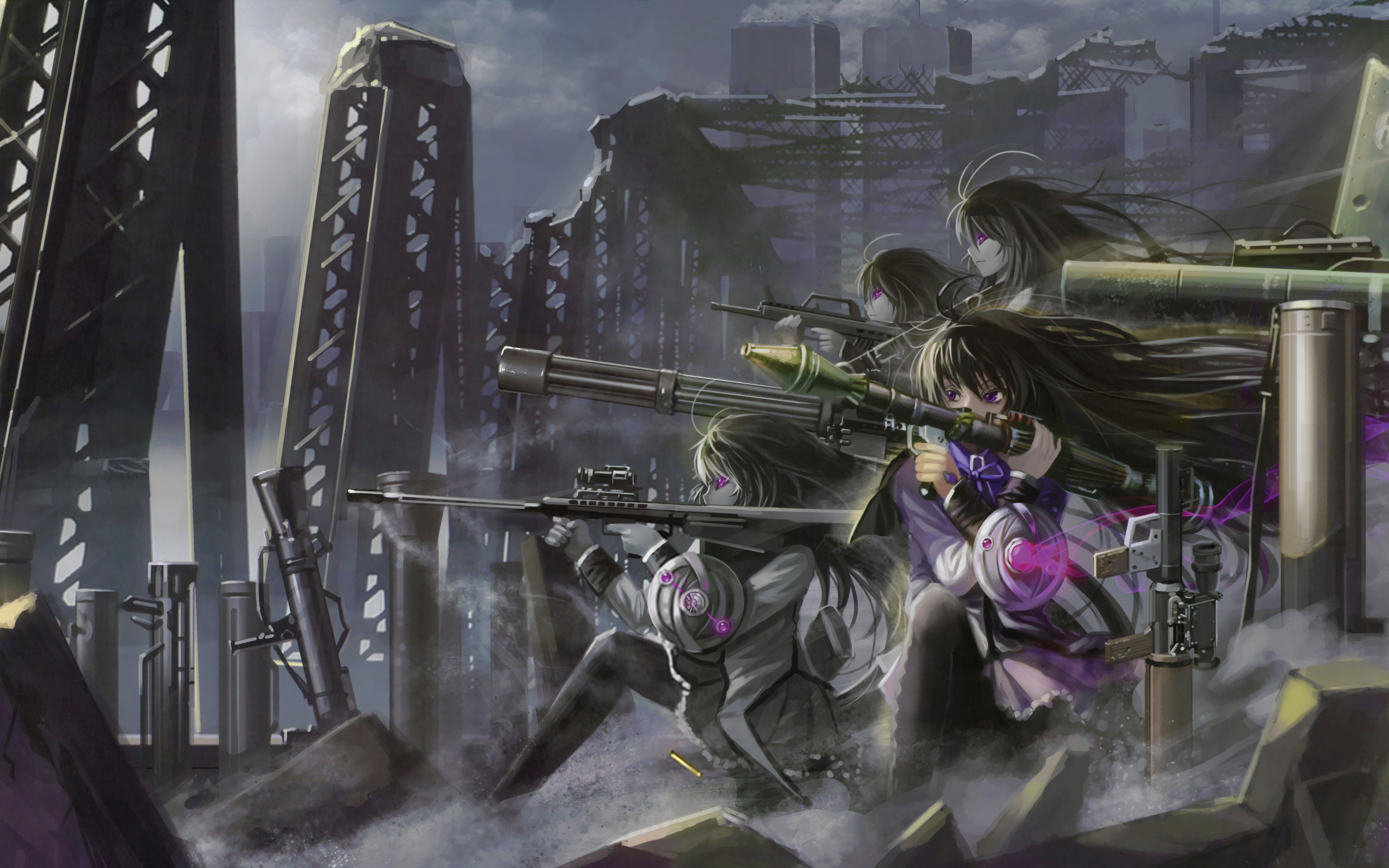 Homura Akemi with weapons in a ruined city HD Wallpaper
