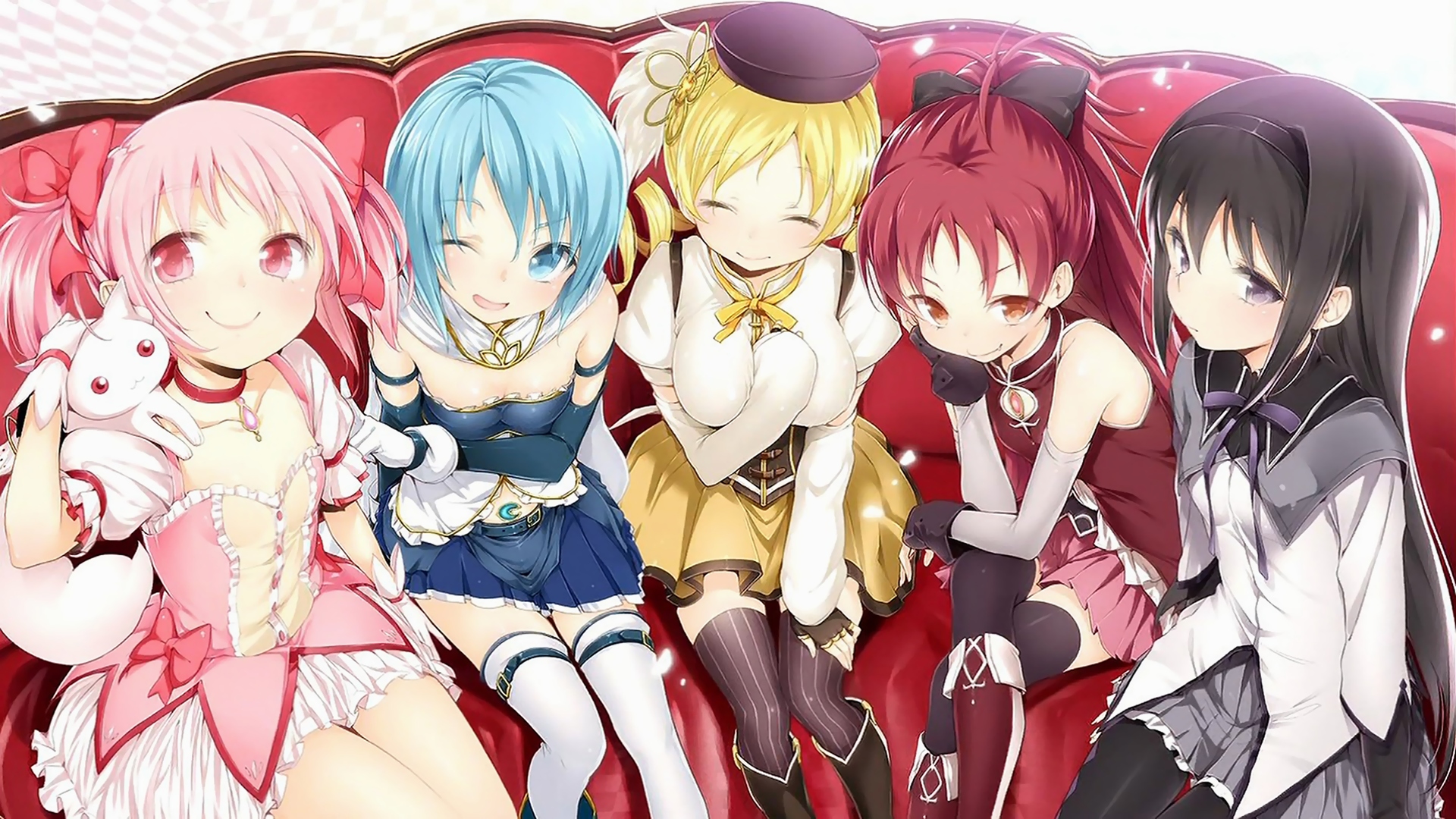 Madoka Magica characters on a couch HD Wallpaper