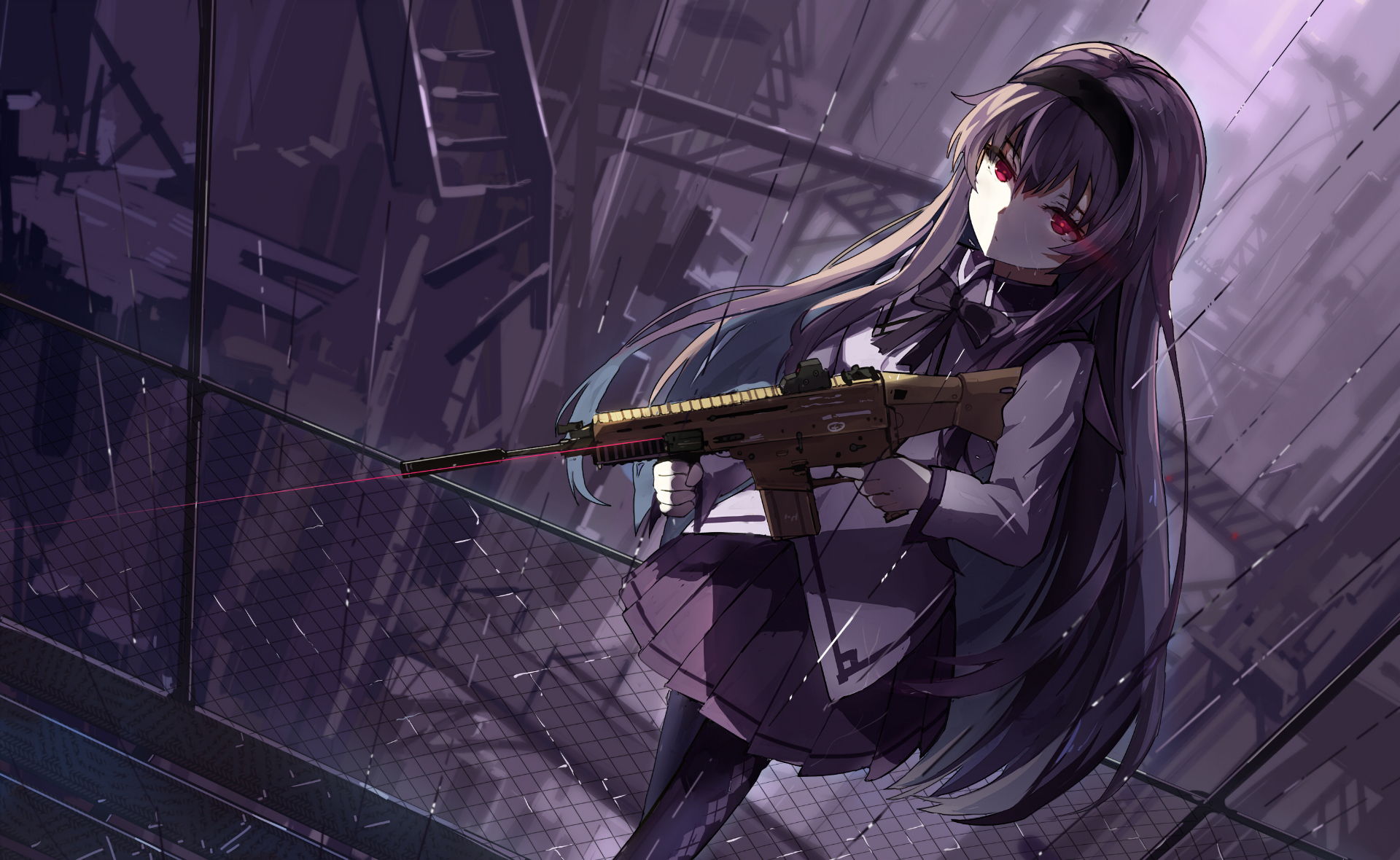 Homura Akemi with a rifle HD Wallpaper