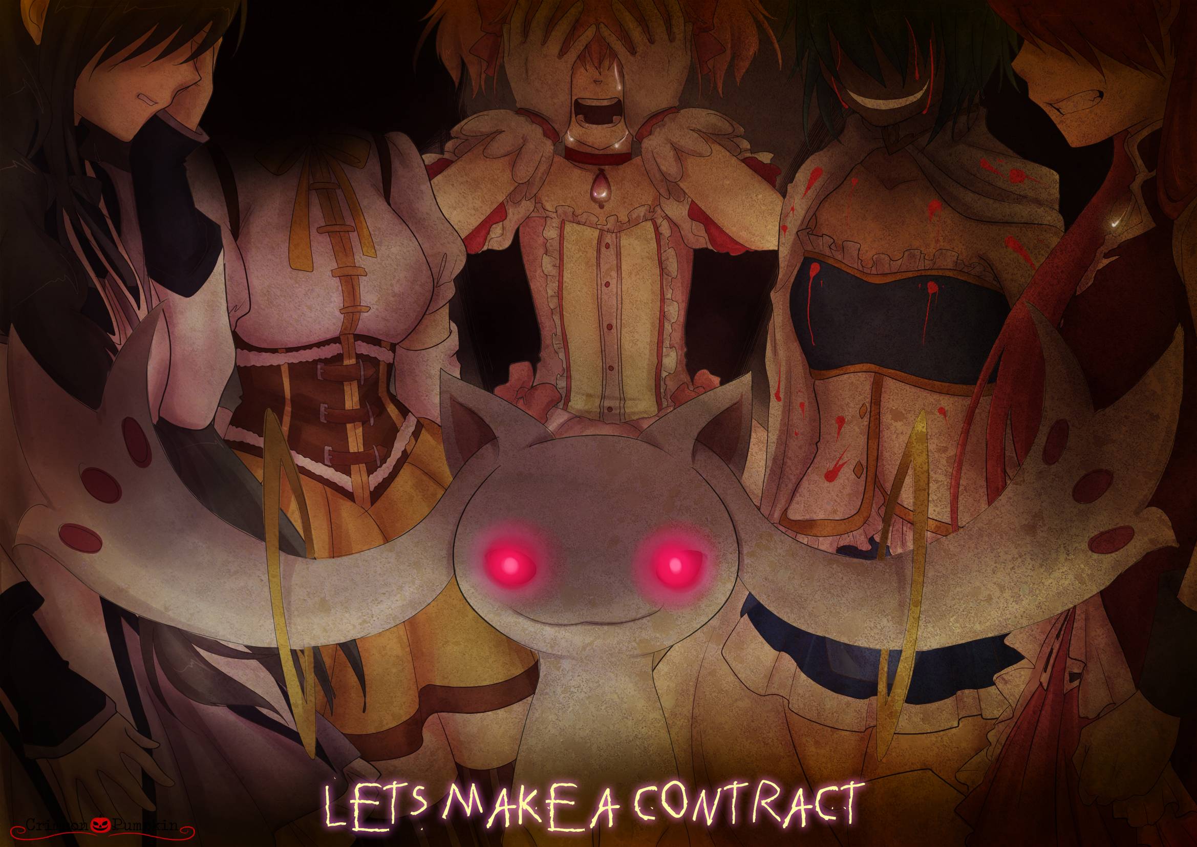 Madoka Magica characters with Kyubey HD Wallpaper