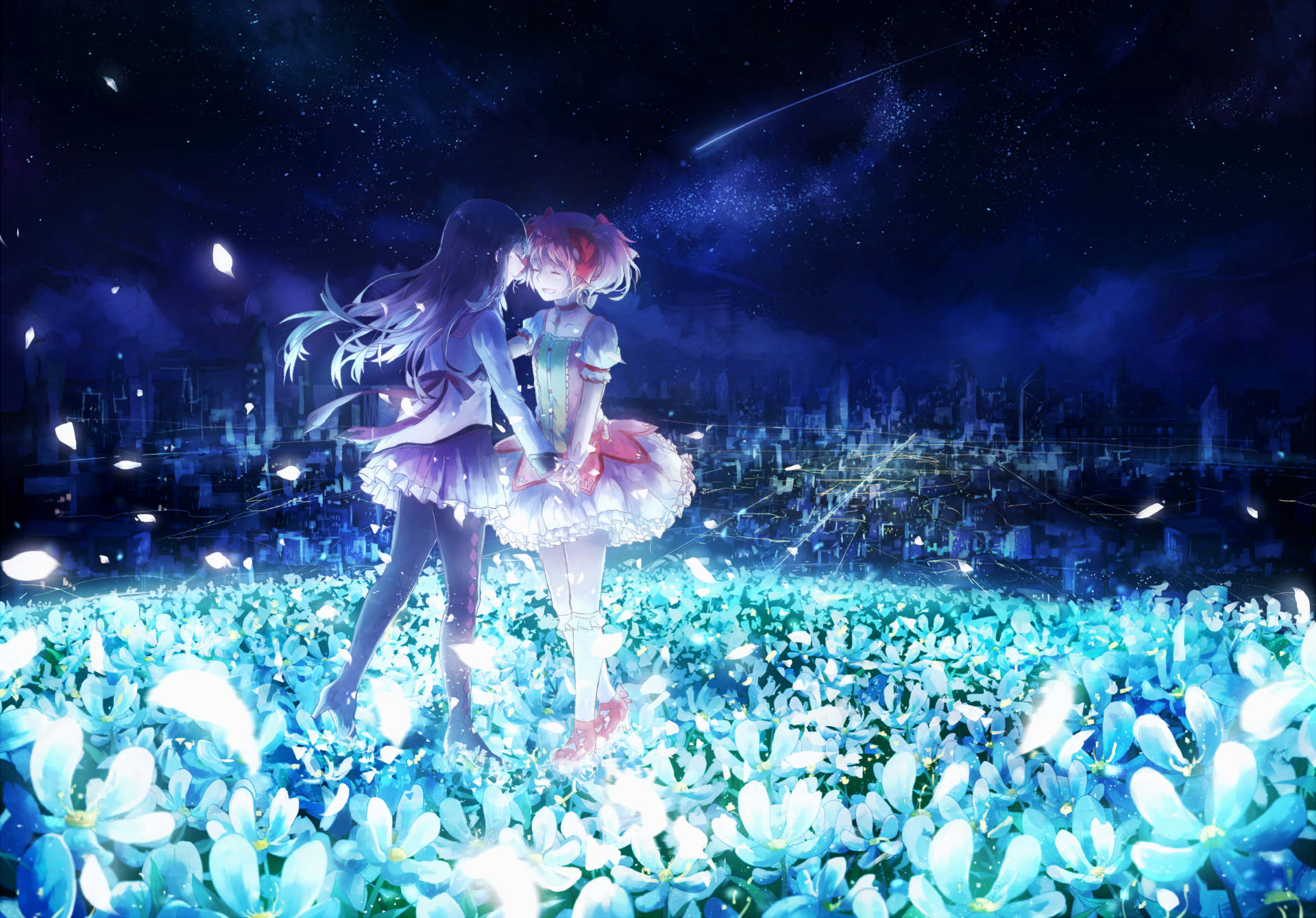 Homura Akemi and Madoka Kaname in a field of flowers HD Wallpaper