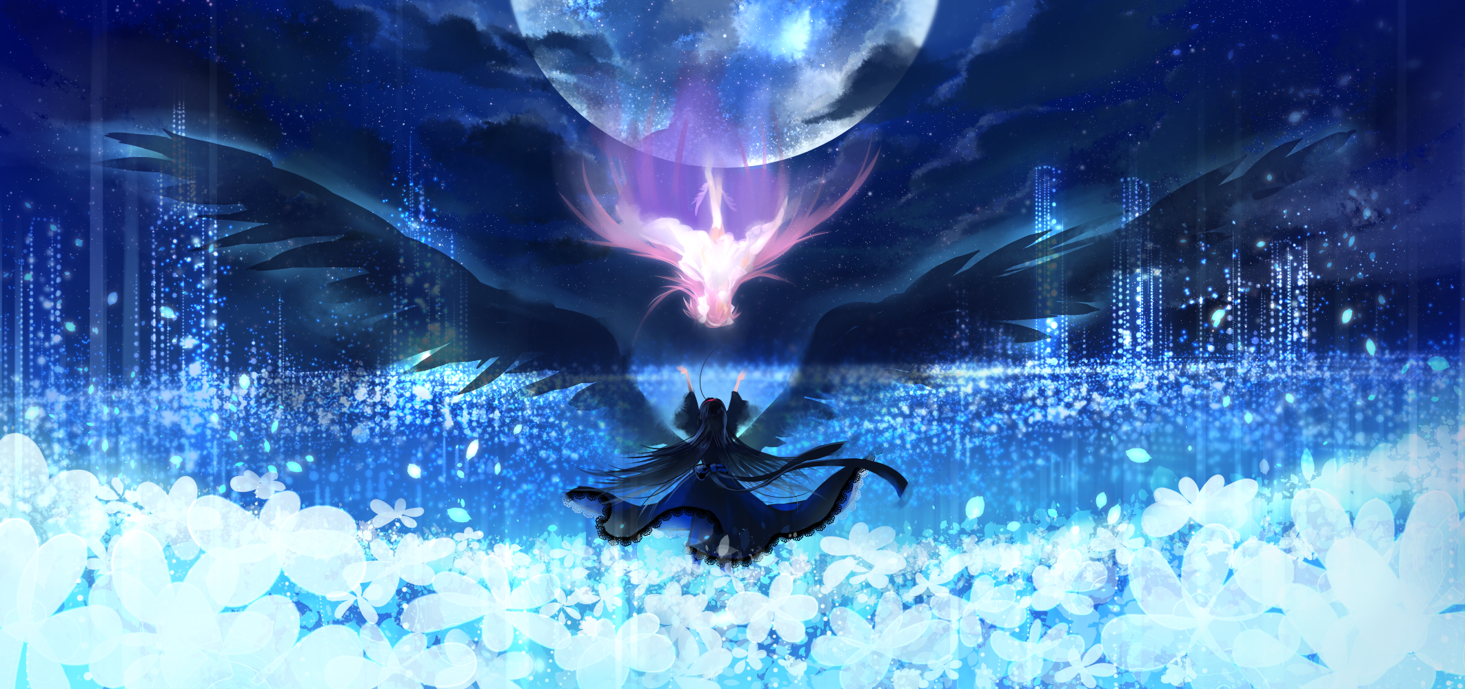 Homura Akemi with a phoenix and moon HD Wallpaper