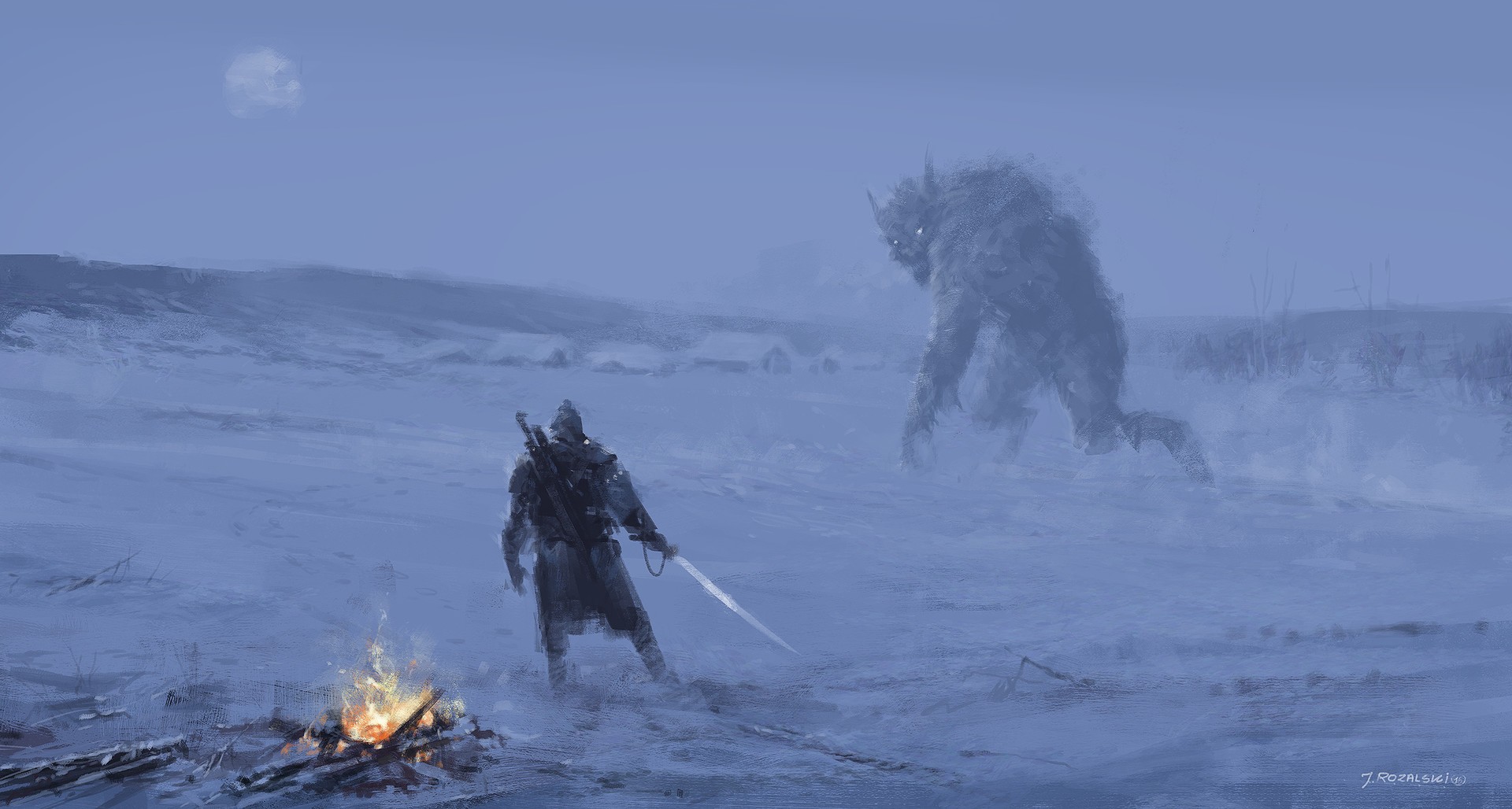 Geralt of Rivia fighting a monster in the snow HD Wallpaper