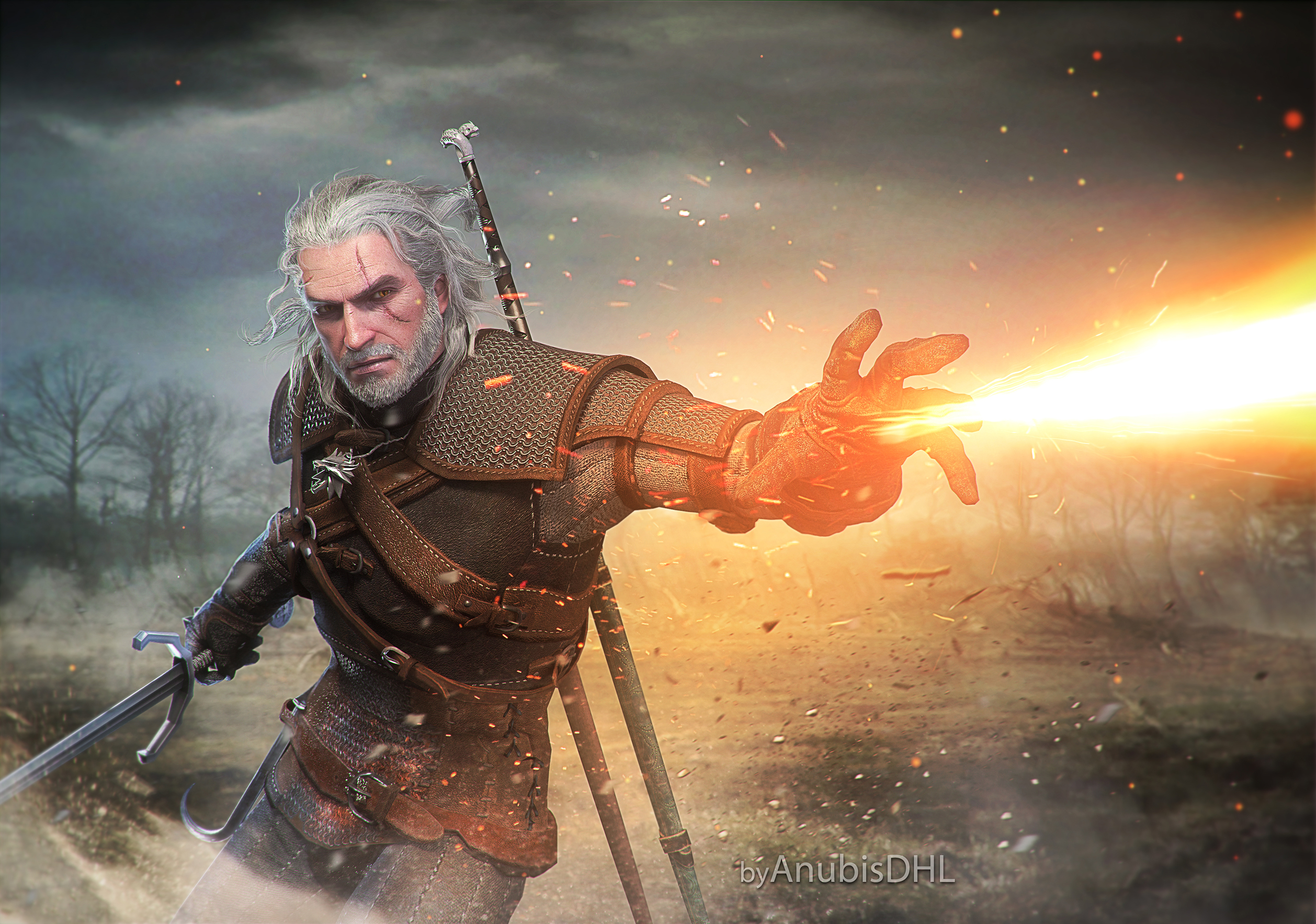 Geralt of Rivia casting a fire spell HD Wallpaper