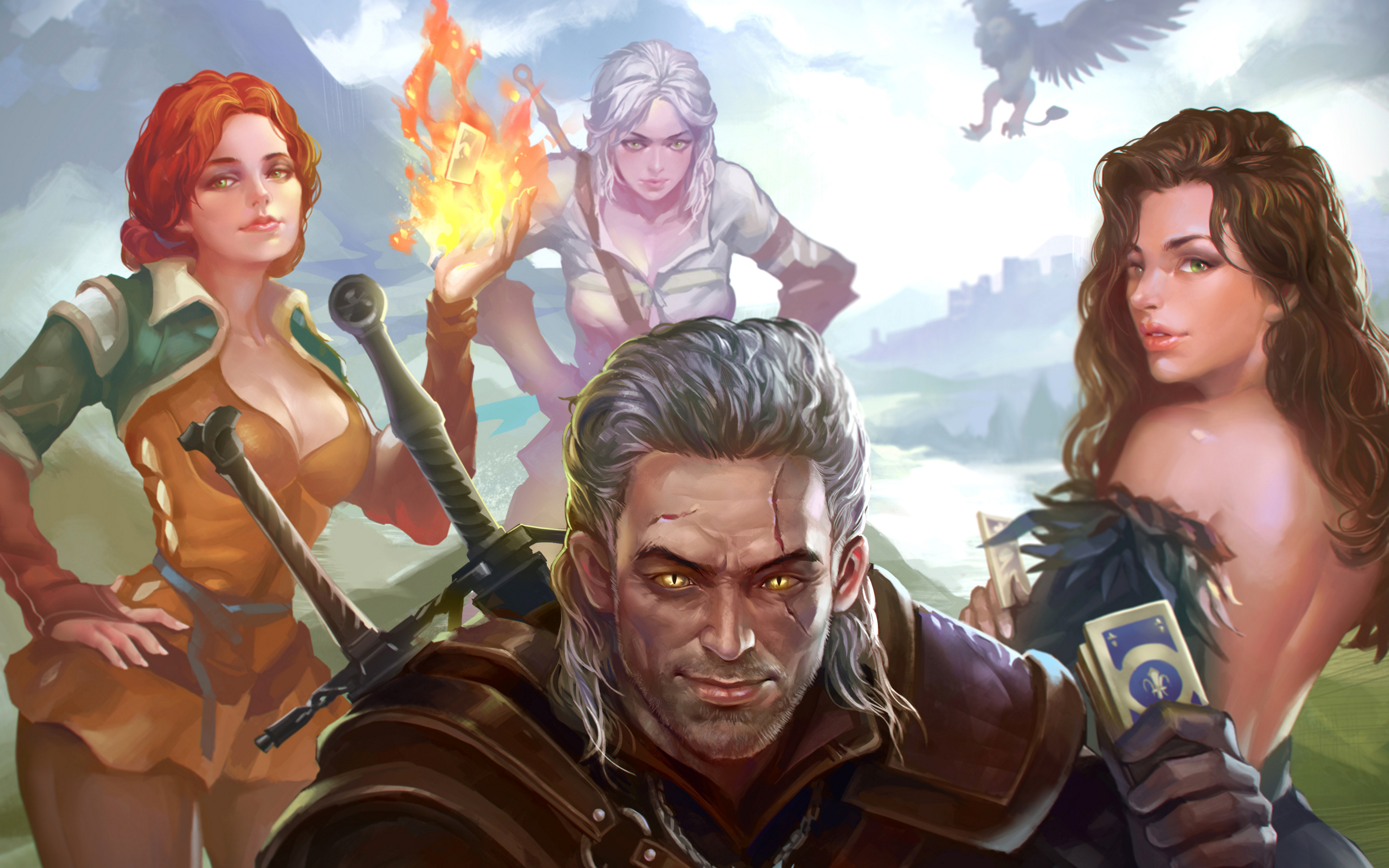 Geralt of Rivia with Yennefer, Triss, and Ciri HD Wallpaper