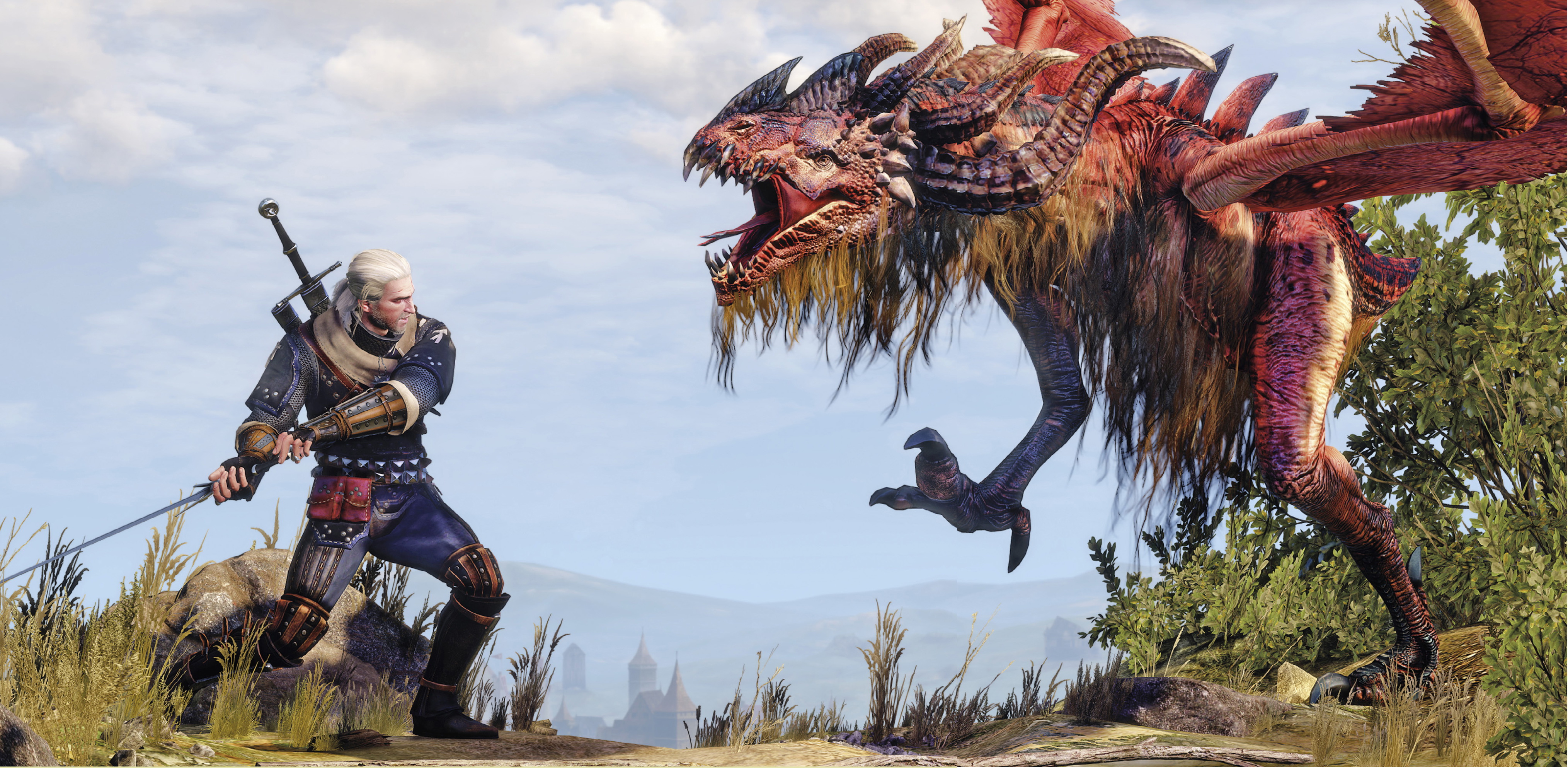 Geralt of Rivia fighting a dragon HD Wallpaper