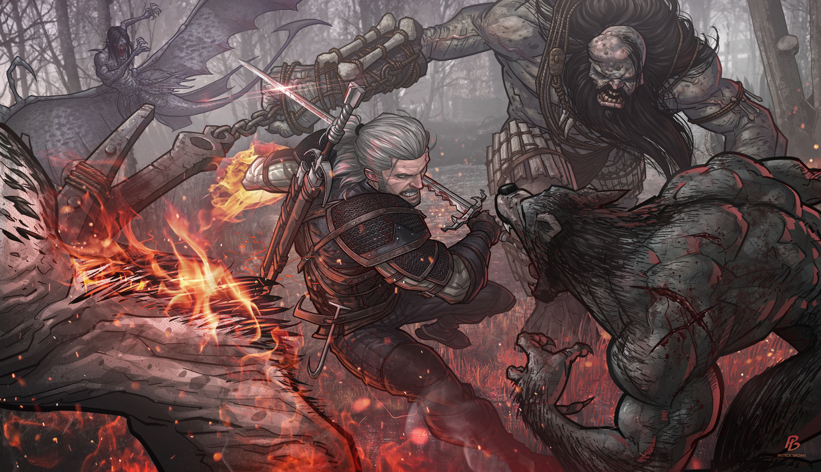 Geralt of Rivia fighting monsters in a forest HD Wallpaper