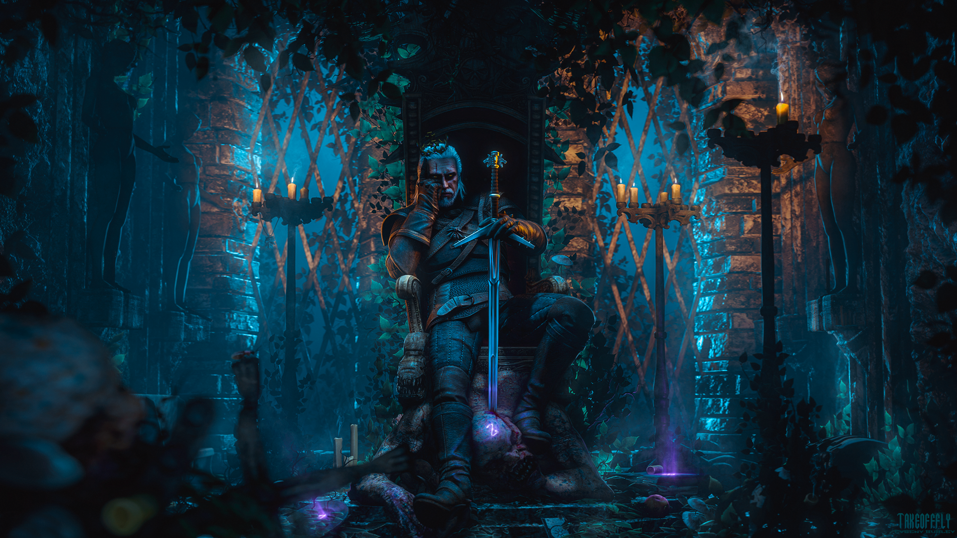 Geralt of Rivia on a throne HD Wallpaper