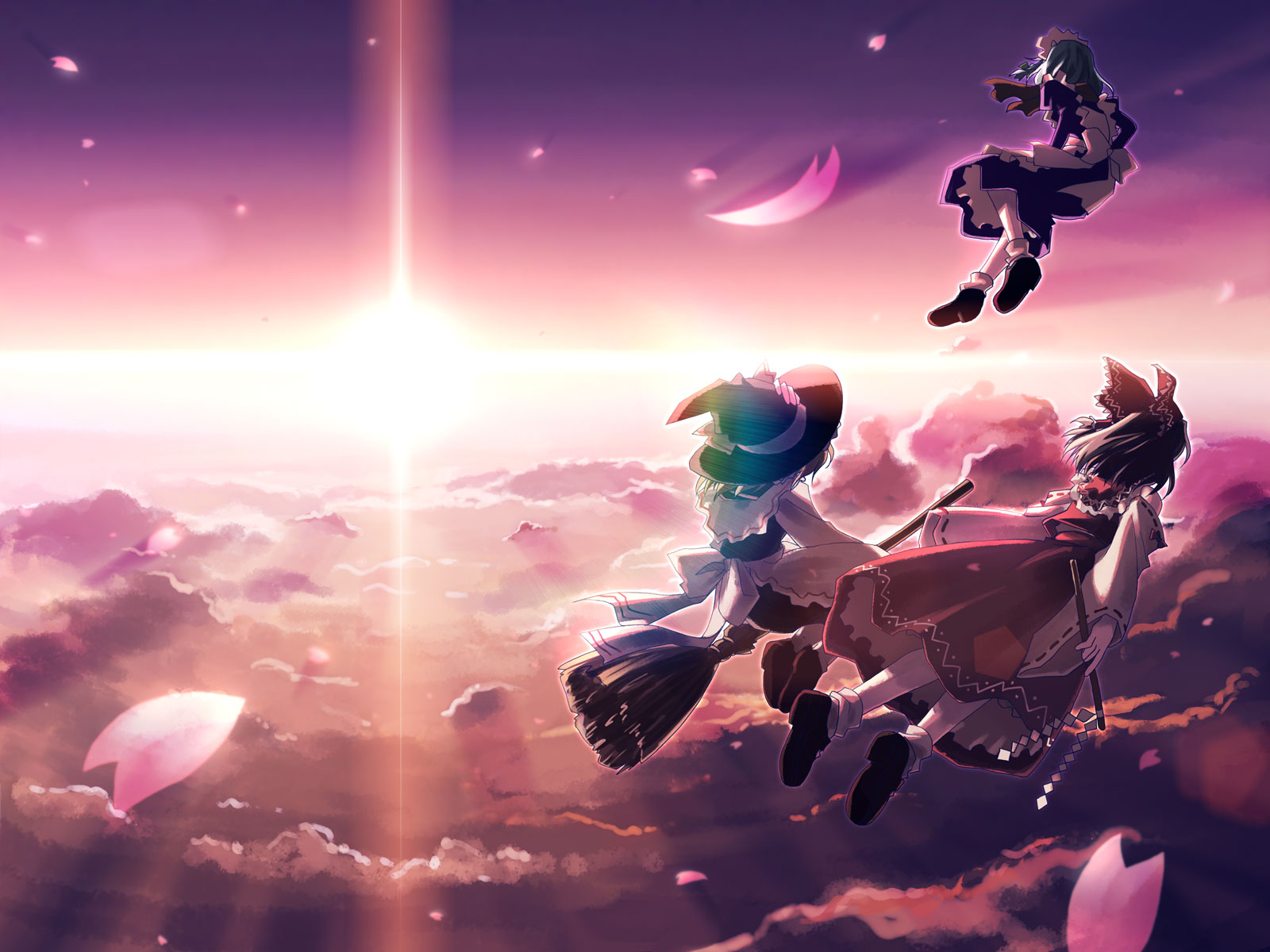 Reimu Hakurei and friends flying through clouds at sunset HD Wallpaper