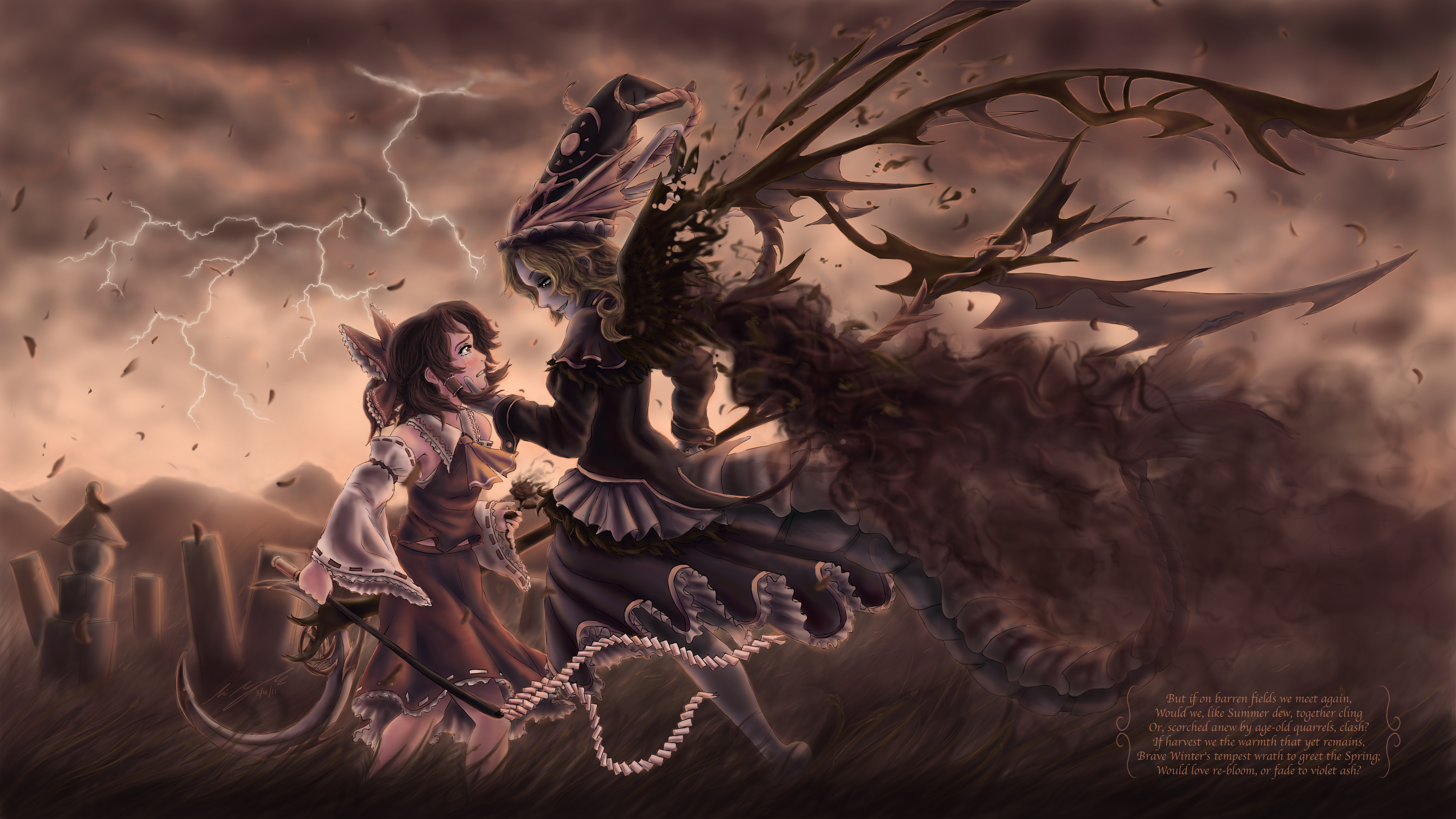 Reimu Hakurei and a dark fairy in a stormy field HD Wallpaper